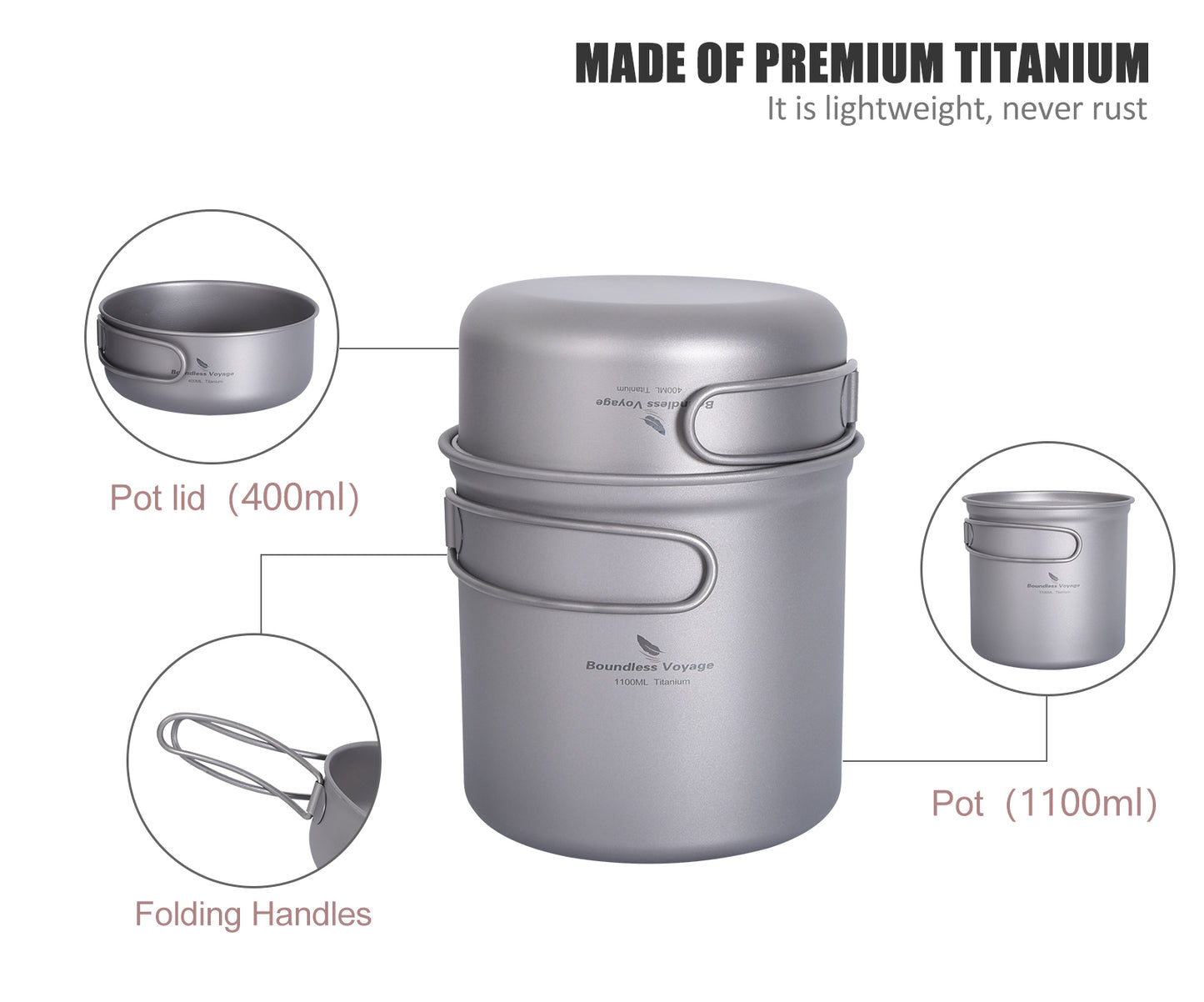 Boundless Voyage Ultralight Pure Titanium Cooking Set Folding Handle | Portable Outdoor Cooking Gear for Backpacking Hiking Picnic Travel Ti2050C-Ti2052C