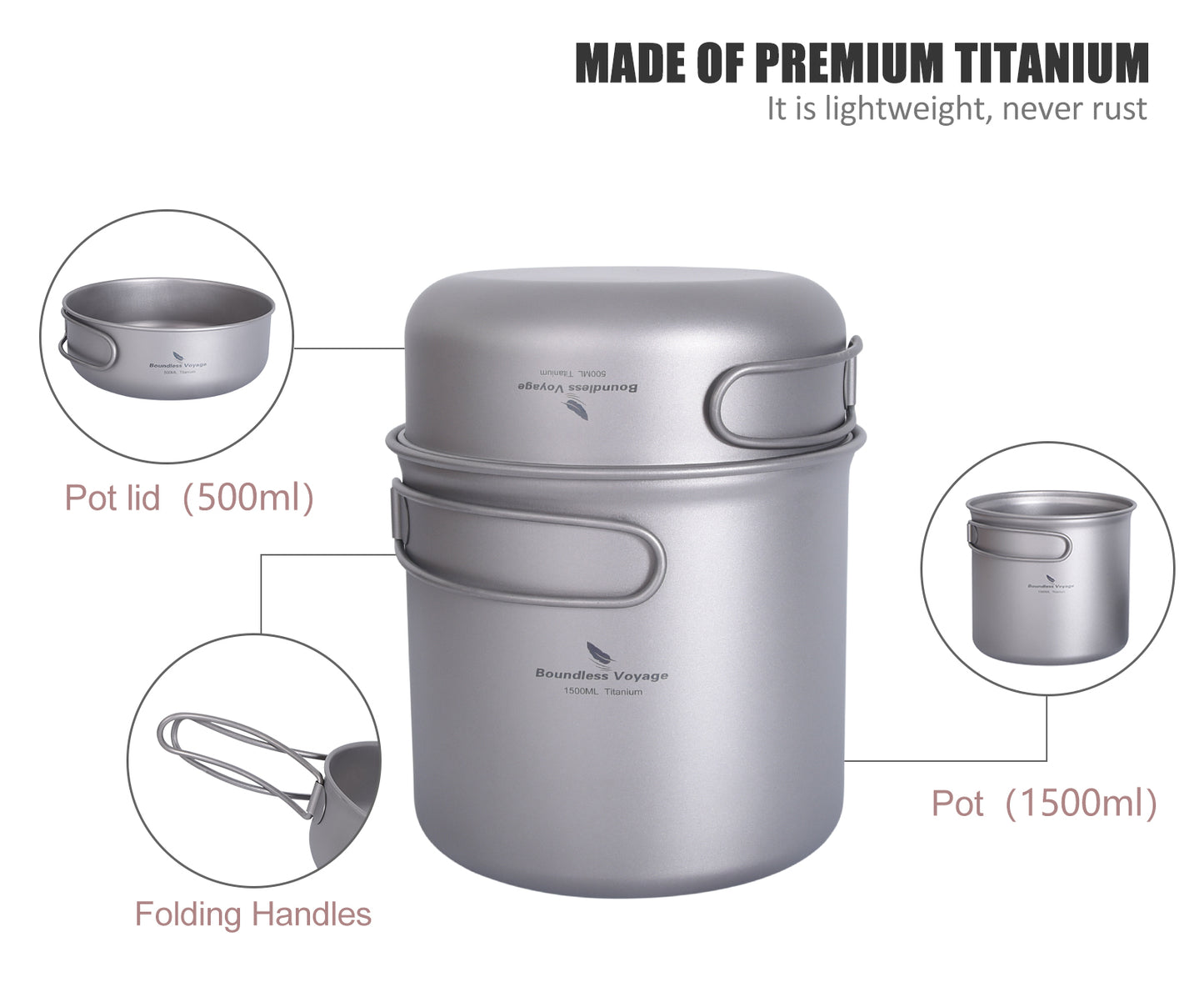 Boundless Voyage Ultralight Pure Titanium Cooking Set Folding Handle | Portable Outdoor Cooking Gear for Backpacking Hiking Picnic Travel Ti2050C-Ti2052C