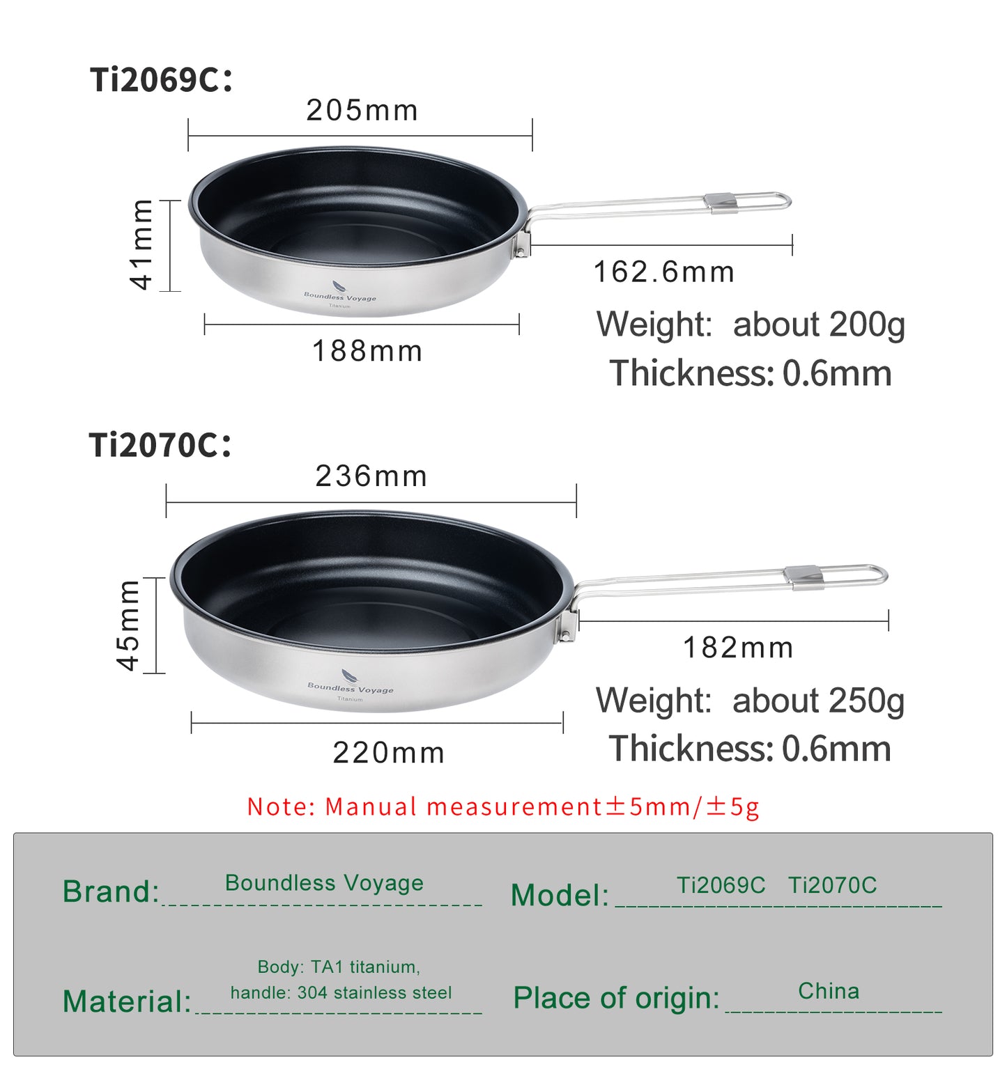 Boundless Voyage Pure Titanium Non-Stick Frying Pan with Foldable Handle, Ultralight Camping Skillet , Portable Outdoor Cookware for Backpacking, Picnic Ti2069C/Ti2070C