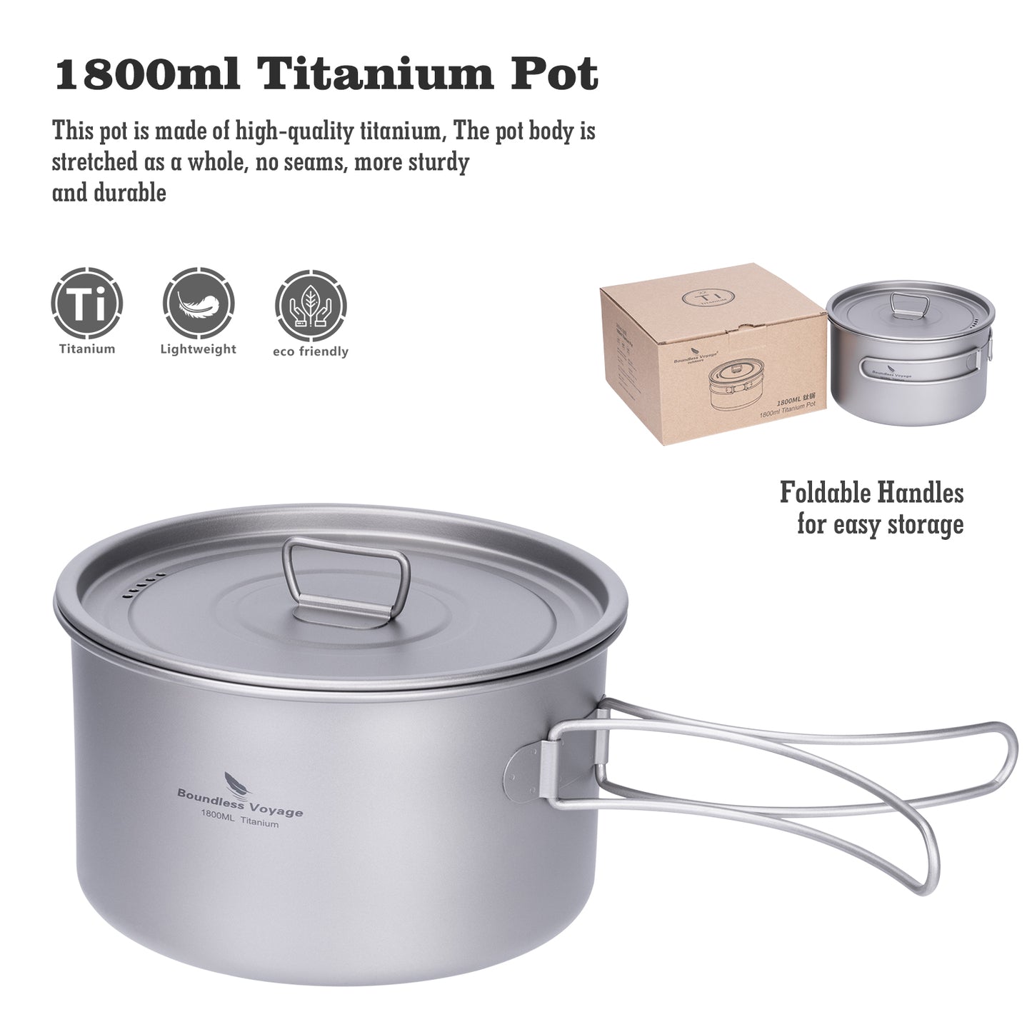 Boundless Voyage Lightweight 1800ml Titanium Pot Outdoor Portable Cooking Set hiking Backpacking Pot for Hiking Trekking Picnic Fishing Mountaineering Ti2107C