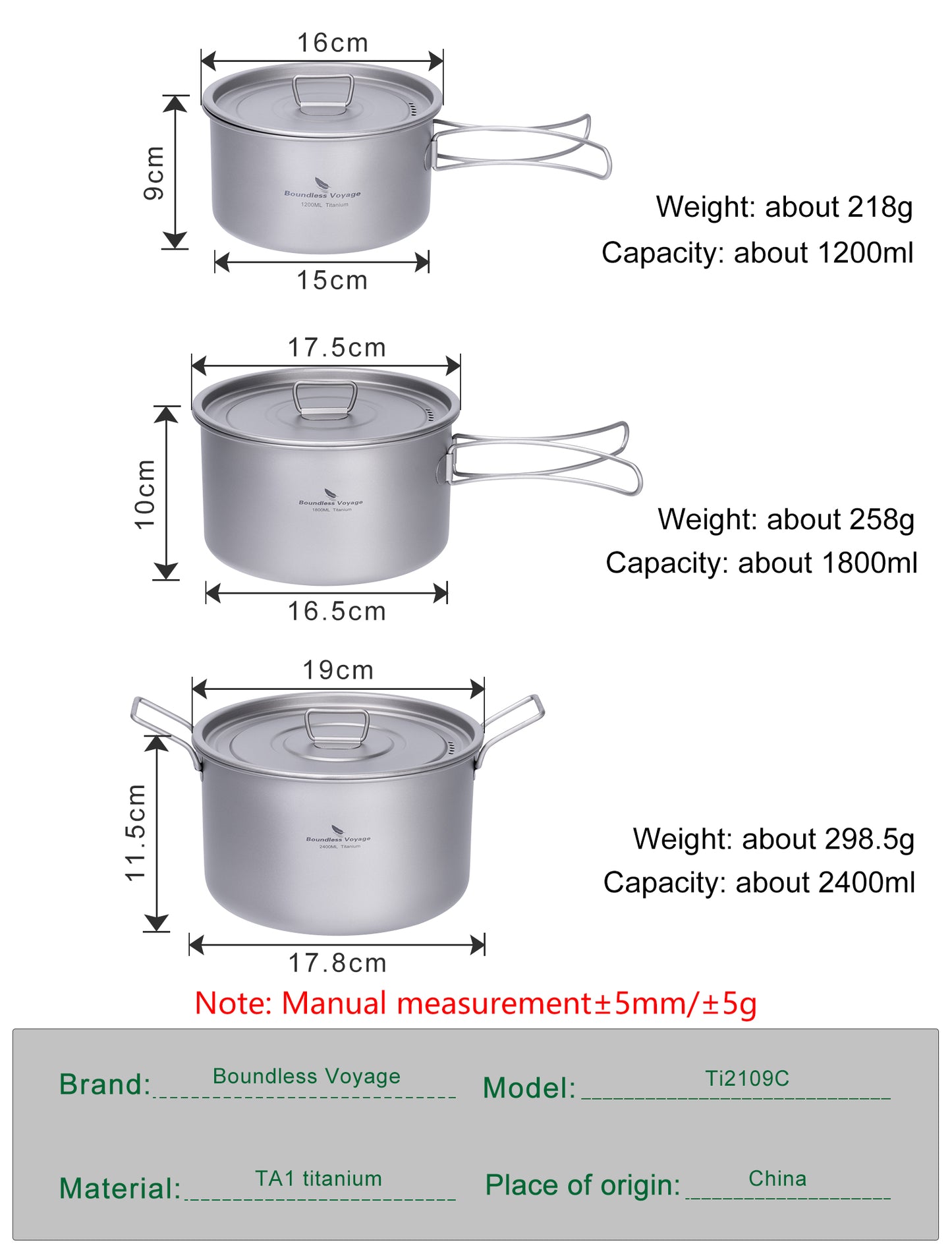 Boundless Voyage Lightweight Titanium Pot Outdoor Portable Cooking Set hiking Backpacking Pot for Hiking Trekking Picnic Fishing Mountaineering