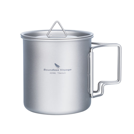 Boundless Voyage Pure Titanium Camping Mug Foldable Handle 420ml 450ml Ultralight for Camping Hiking Backpacking Ti3024D/Ti3025D/Ti3026D