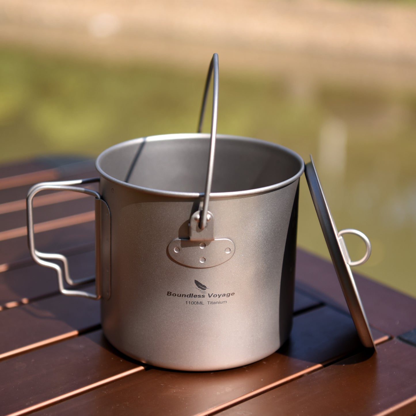 Boundless Voyage 1100ml Pure Titanium Hanging Pot with Lid | 37oz Ultralight Single-Wall Bushcraft Cookpot with Bail & Foldable Handle, Compatible with Open Fire & Camping Stove Ti3041D