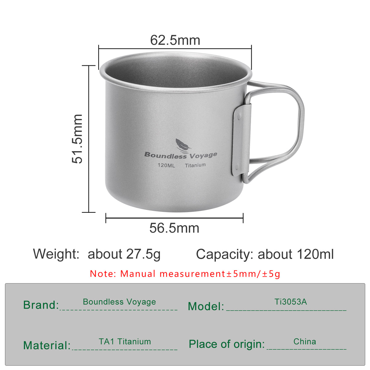Boundless Voyage Pure Titanium Mini Cup with Folding Handle for Camping Ti3053A-Ti3053C