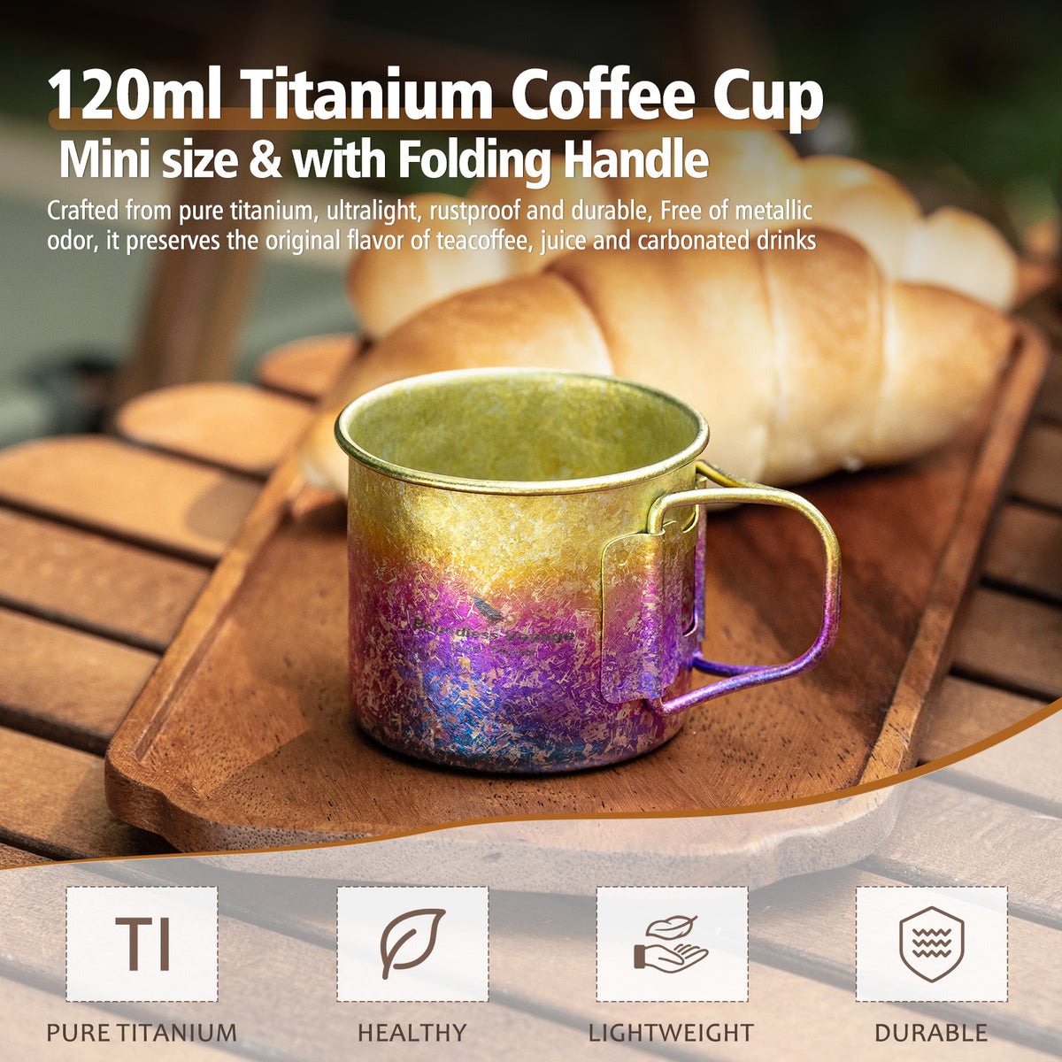 Boundless Voyage Pure Titanium Mini Cup with Folding Handle for Camping Ti3053A-Ti3053C