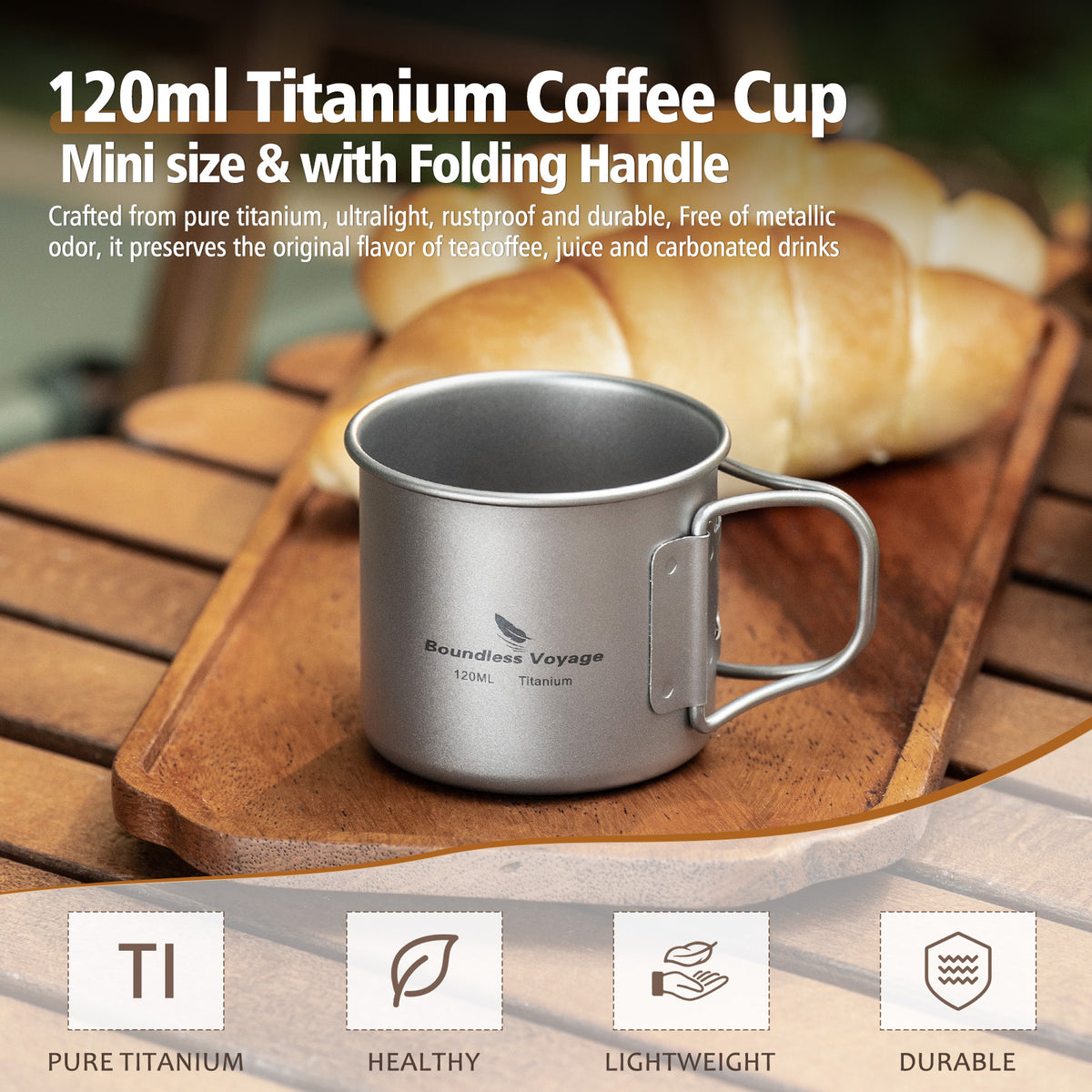Boundless Voyage Pure Titanium Mini Cup with Folding Handle for Camping Ti3053A-Ti3053C
