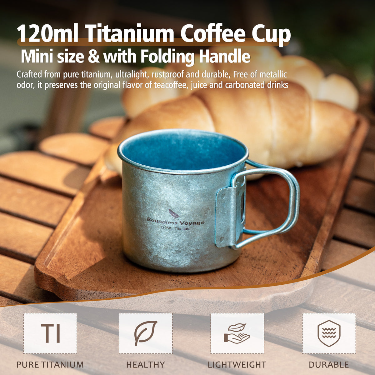 Boundless Voyage Pure Titanium Mini Cup with Folding Handle for Camping Ti3053A-Ti3053C