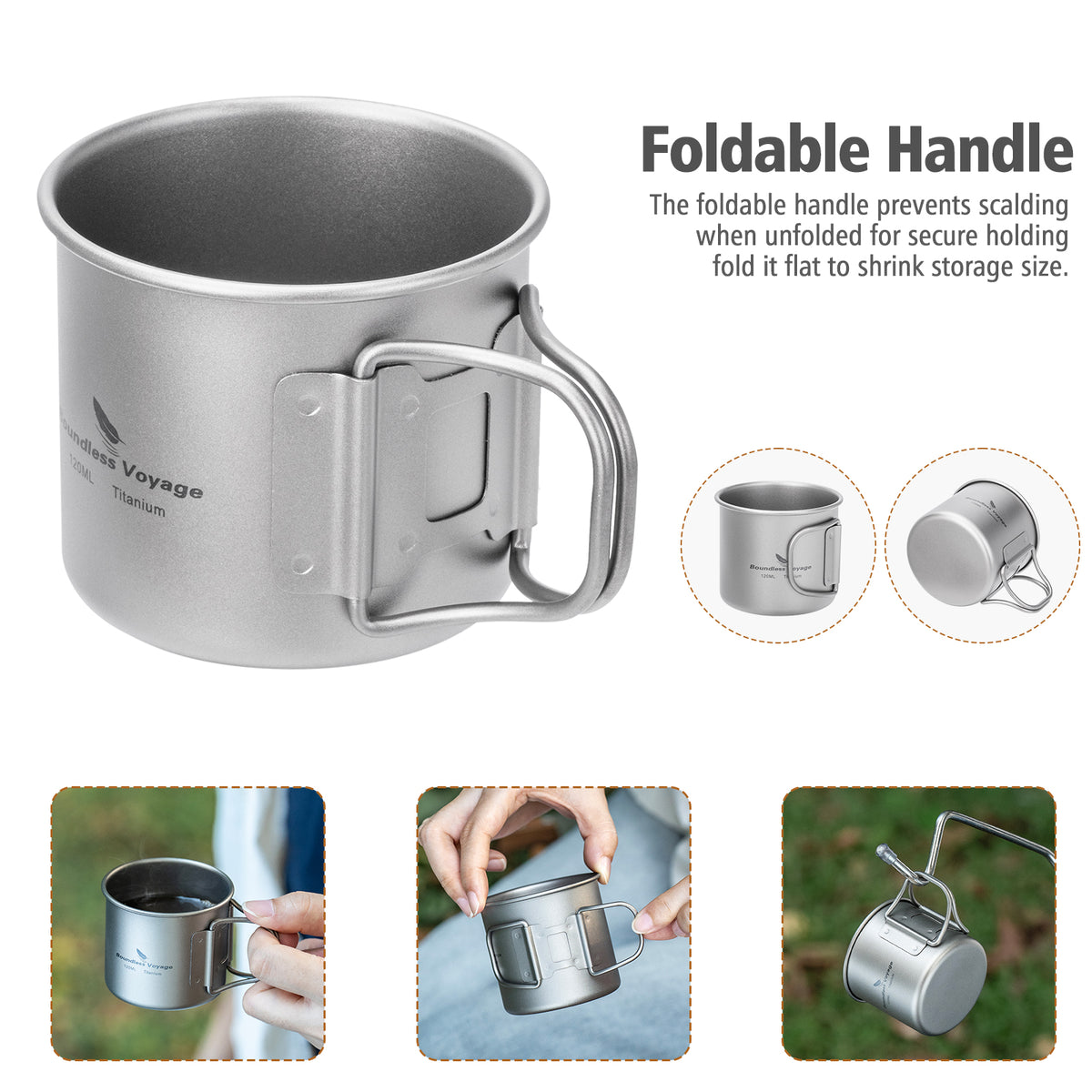 Boundless Voyage Pure Titanium Mini Cup with Folding Handle for Camping Ti3053A-Ti3053C
