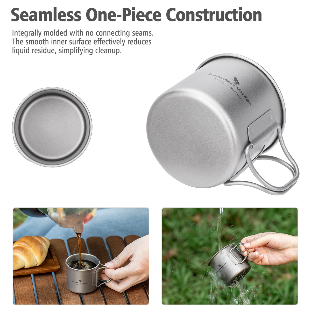 Boundless Voyage Pure Titanium Mini Cup with Folding Handle for Camping Ti3053A-Ti3053C