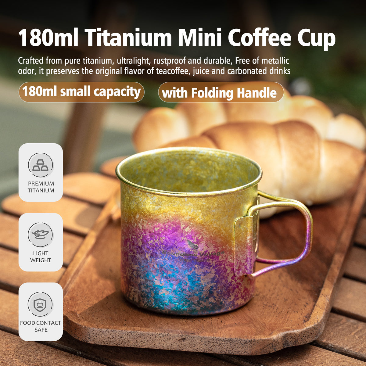 Boundless Voyage Pure Titanium Mini Cup with Folding Handle for Camping Ti3053A-Ti3053C