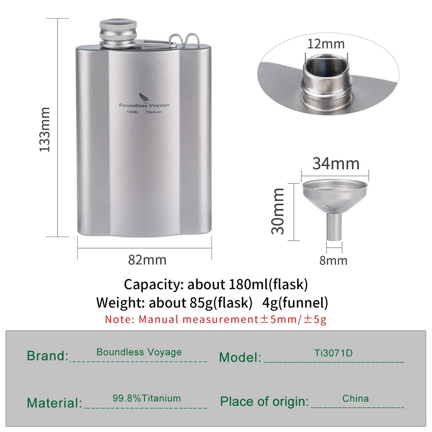 Boundless Voyage Titanium Hip Flask 180ml / 240ml Rust-Free Ultralight Small Liquor Flask Bottle for Whiskey Vodka Wine Outdoor Portable Travel Outdoor Ti3071D / Ti3072D/ Ti3073D