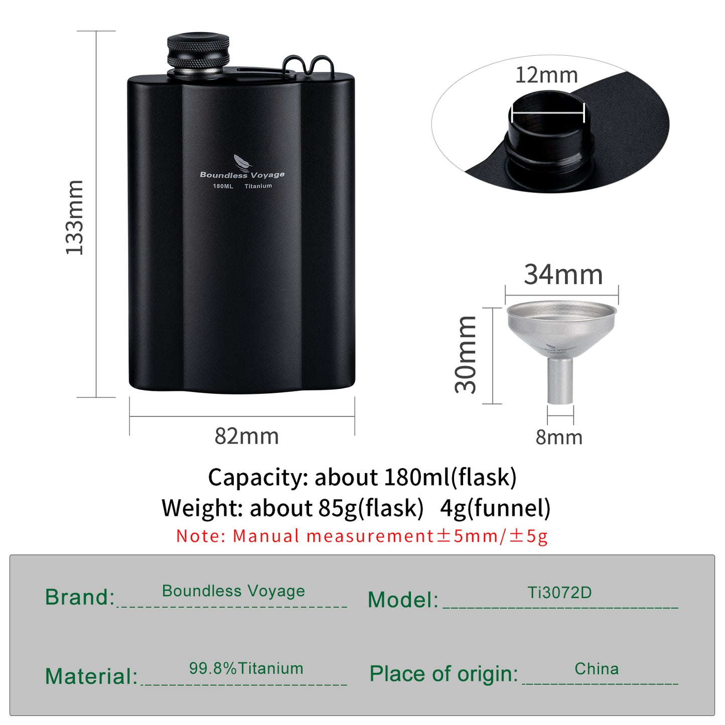 Boundless Voyage Titanium Hip Flask 180ml / 240ml Rust-Free Ultralight Small Liquor Flask Bottle for Whiskey Vodka Wine Outdoor Portable Travel Outdoor Ti3071D / Ti3072D/ Ti3073D