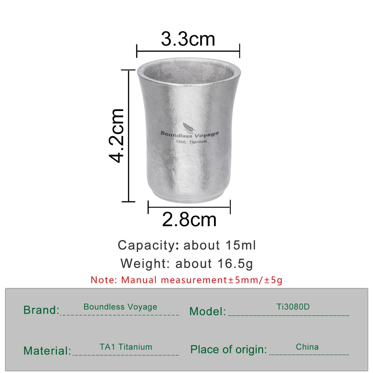 Boundless Voyage 15ml Titanium Shot Glass, Double-Wall Sake Cup for Whiskey Spirits Camping Home Bar Ti3080D
