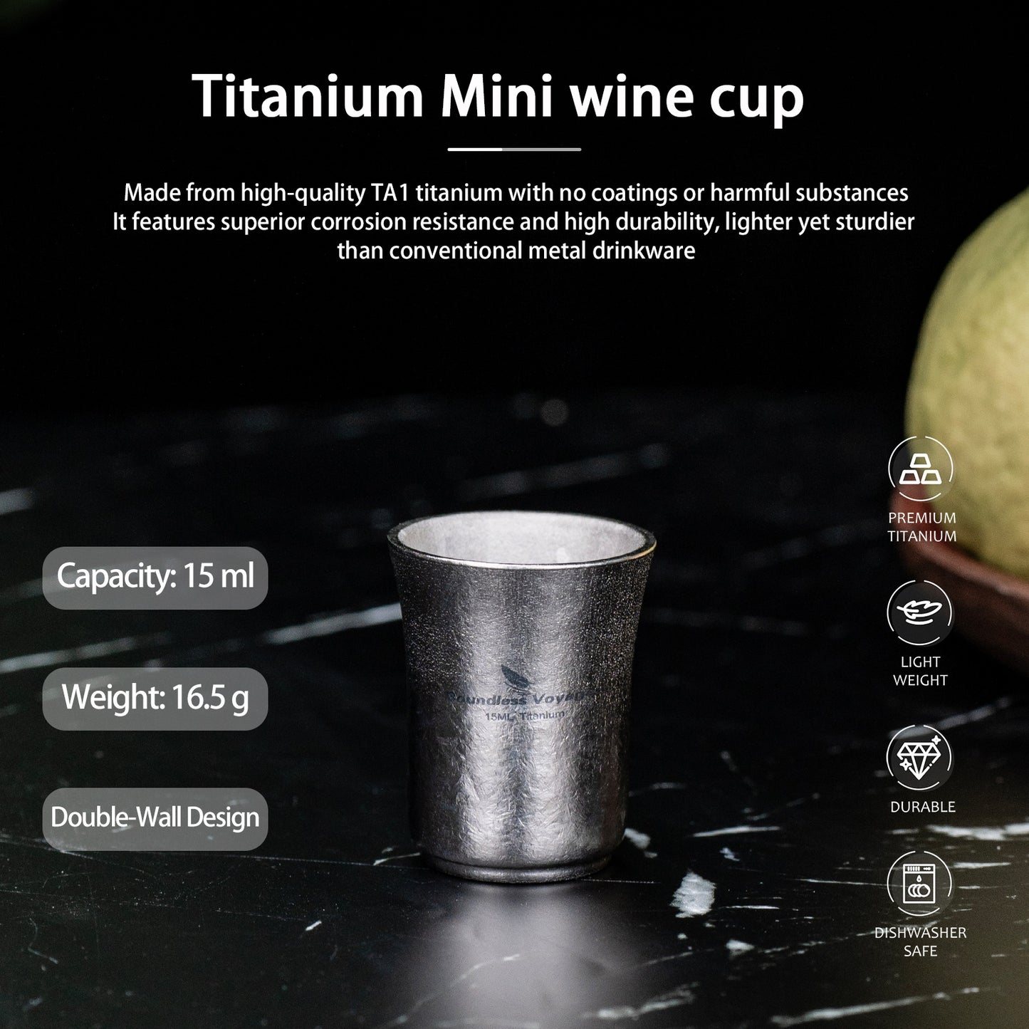 Boundless Voyage 15ml Titanium Shot Glass, Double-Wall Sake Cup for Whiskey Spirits Camping Home Bar Ti3080D