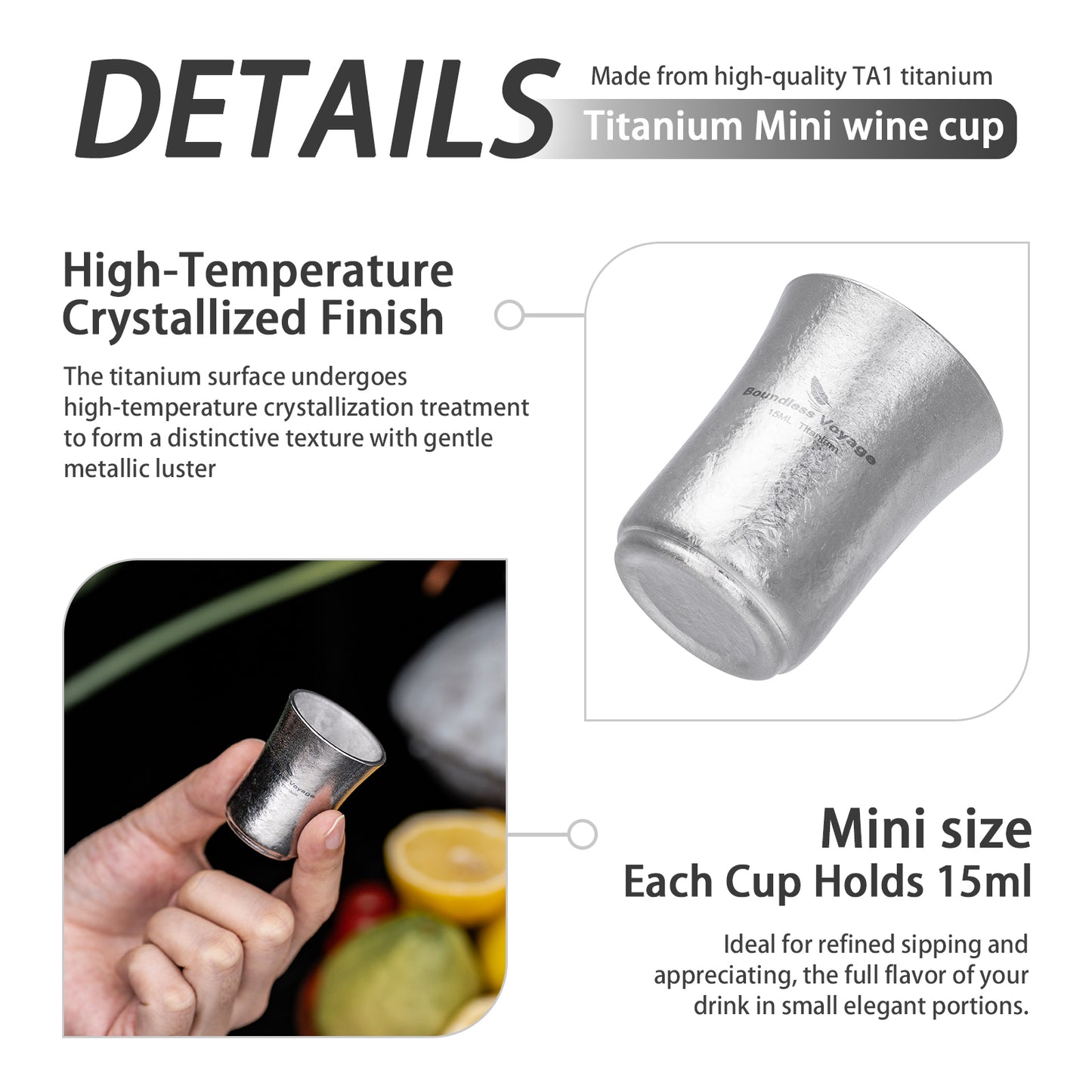 Boundless Voyage 15ml Titanium Shot Glass, Double-Wall Sake Cup for Whiskey Spirits Camping Home Bar Ti3080D