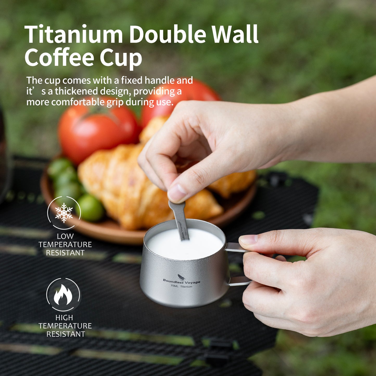 Boundless Voyage Titanium Double Wall Coffee Cup 75ml with Stirring Spoon Mini Tea Mug Espresso Cup Outdoor Camping Travel Ultralight Durable Portable Drinkware Ti3088A+Ti1040T