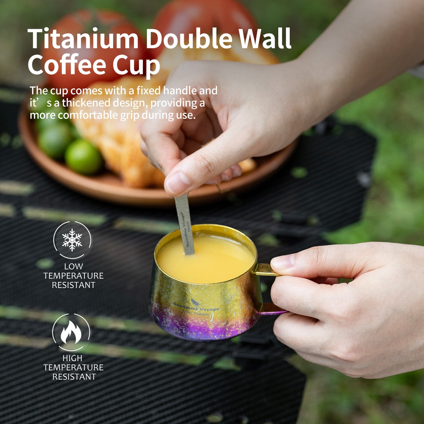 Boundless Voyage Titanium Double Wall Coffee Cup 75ml with Stirring Spoon Mini Tea Mug Espresso Cup Outdoor Camping Travel Ultralight Durable Portable Drinkware Ti3088A+Ti1040T