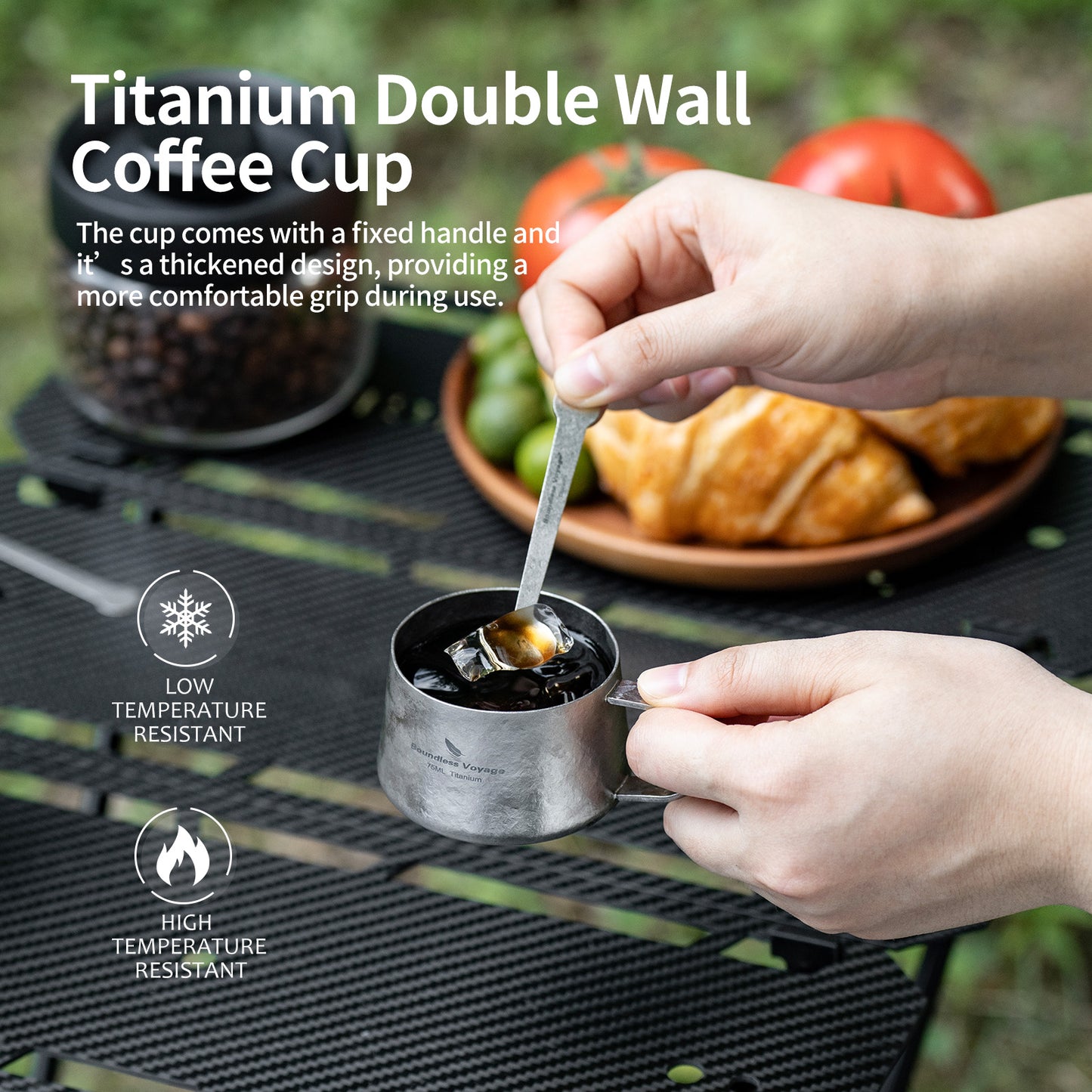 Boundless Voyage Titanium Double Wall Coffee Cup 75ml with Stirring Spoon Mini Tea Mug Espresso Cup Outdoor Camping Travel Ultralight Durable Portable Drinkware Ti3088A+Ti1040T