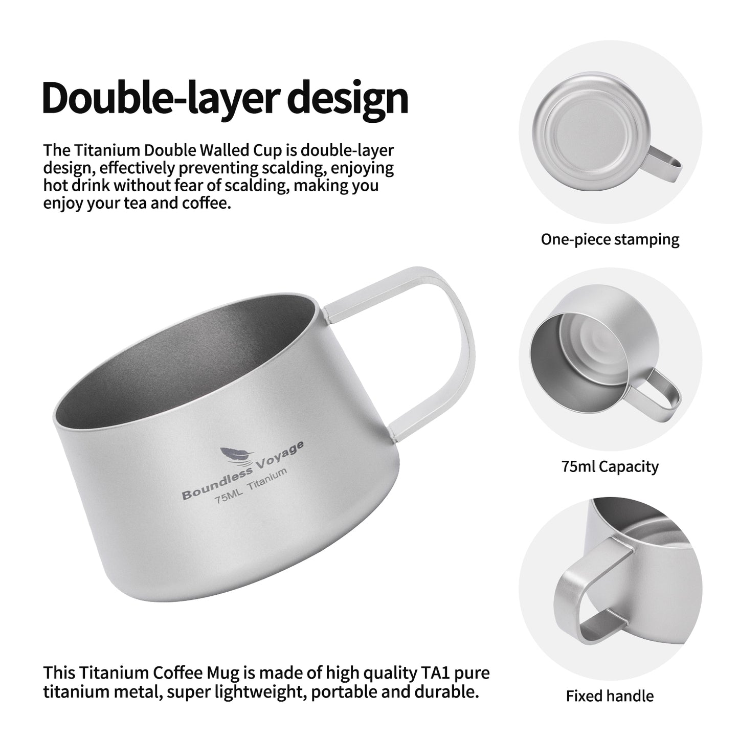 Boundless Voyage Titanium Double Wall Coffee Cup 75ml with Stirring Spoon Mini Tea Mug Espresso Cup Outdoor Camping Travel Ultralight Durable Portable Drinkware Ti3088A+Ti1040T