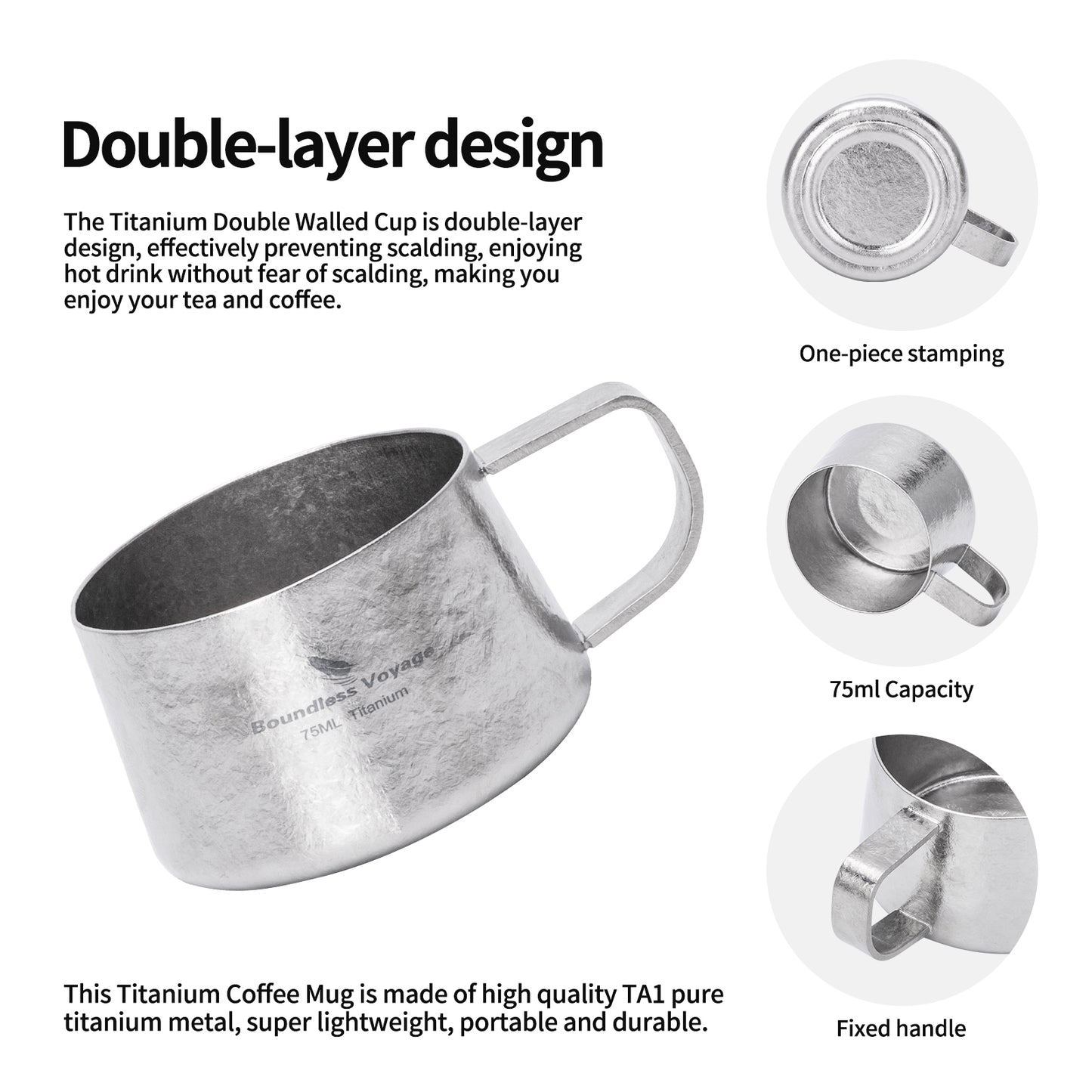 Boundless Voyage Titanium Double Wall Coffee Cup 75ml with Stirring Spoon Mini Tea Mug Espresso Cup Outdoor Camping Travel Ultralight Durable Portable Drinkware Ti3088A+Ti1040T