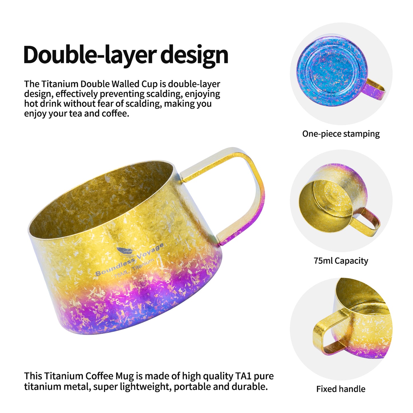 Boundless Voyage Titanium Double Wall Coffee Cup 75ml with Stirring Spoon Mini Tea Mug Espresso Cup Outdoor Camping Travel Ultralight Durable Portable Drinkware Ti3088A+Ti1040T