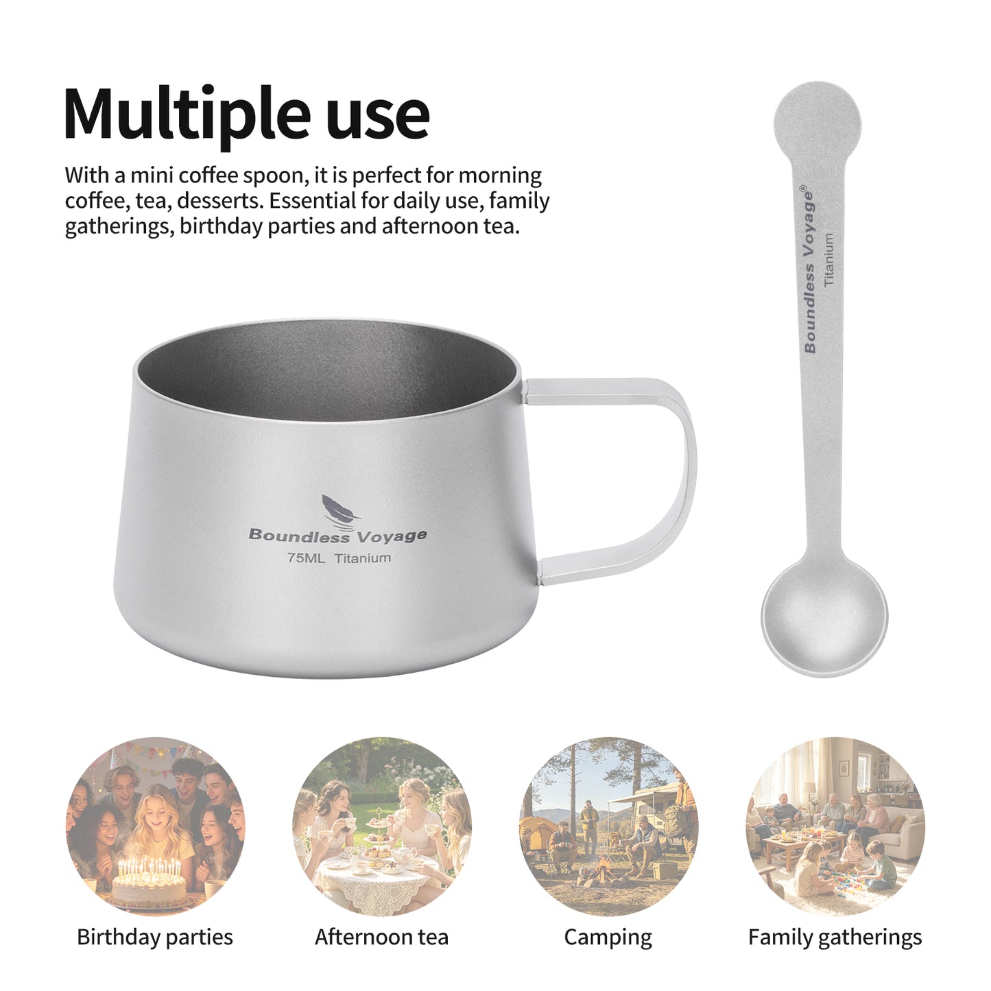 Boundless Voyage Titanium Double Wall Coffee Cup 75ml with Stirring Spoon Mini Tea Mug Espresso Cup Outdoor Camping Travel Ultralight Durable Portable Drinkware Ti3088A+Ti1040T