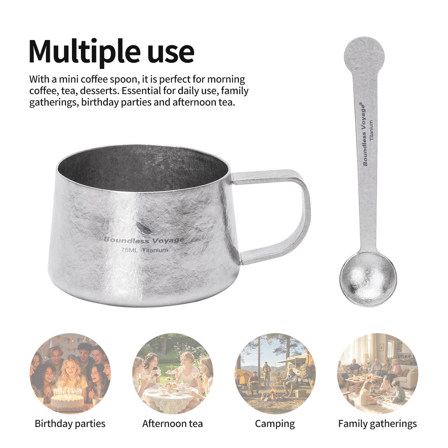 Boundless Voyage Titanium Double Wall Coffee Cup 75ml with Stirring Spoon Mini Tea Mug Espresso Cup Outdoor Camping Travel Ultralight Durable Portable Drinkware Ti3088A+Ti1040T