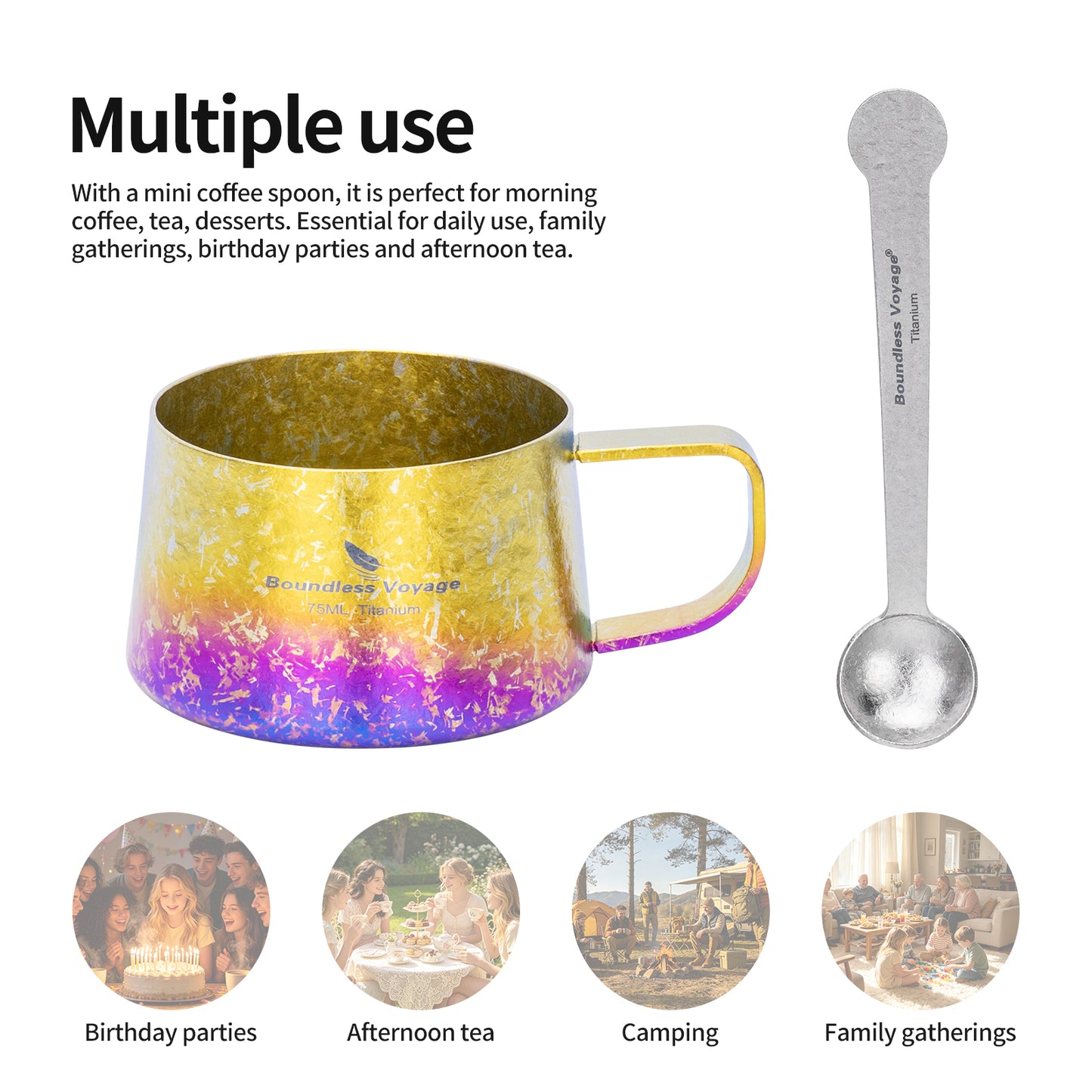 Boundless Voyage Titanium Double Wall Coffee Cup 75ml with Stirring Spoon Mini Tea Mug Espresso Cup Outdoor Camping Travel Ultralight Durable Portable Drinkware Ti3088A+Ti1040T