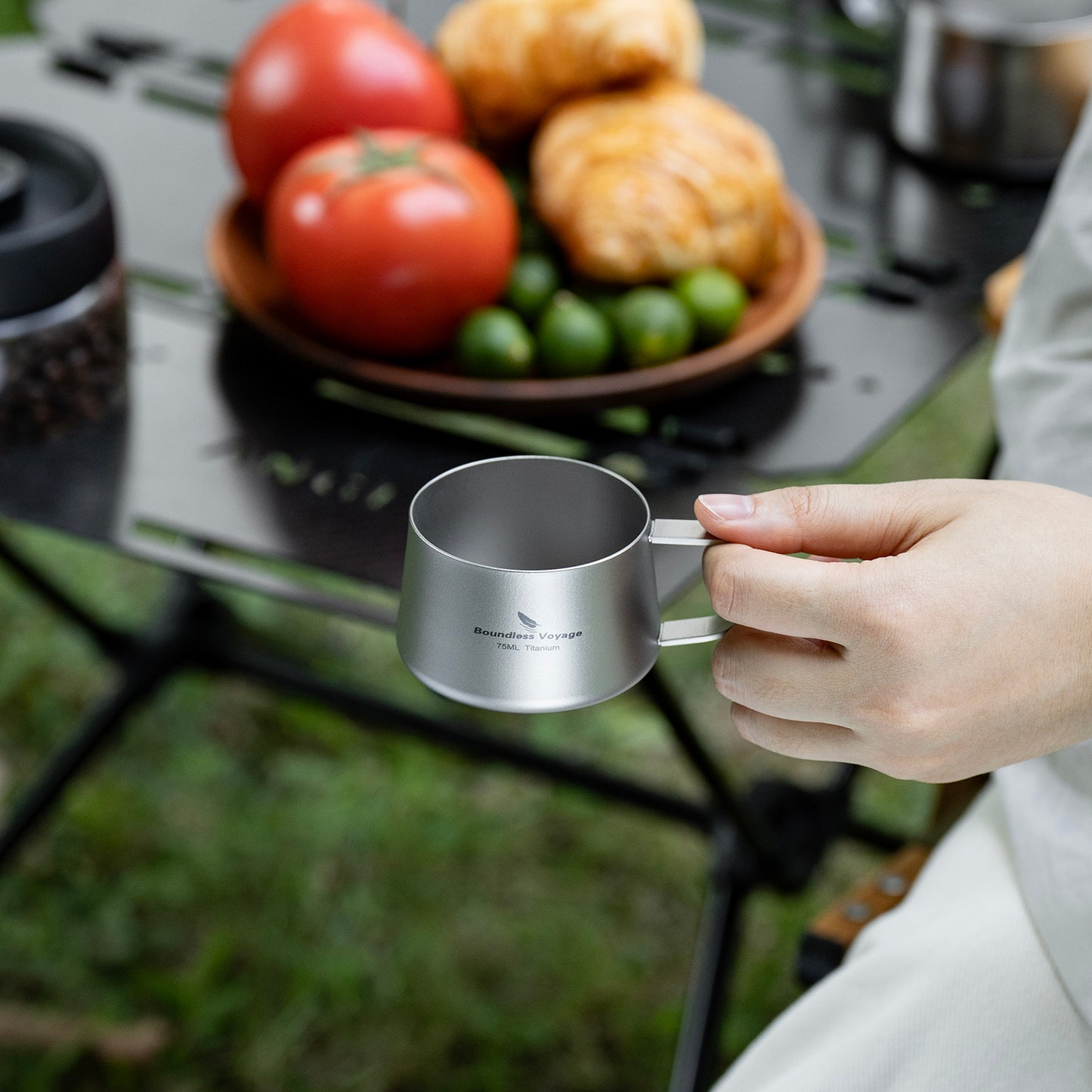 Boundless Voyage Titanium Double Wall Coffee Cup 75ml with Stirring Spoon Mini Tea Mug Espresso Cup Outdoor Camping Travel Ultralight Durable Portable Drinkware Ti3088A+Ti1040T