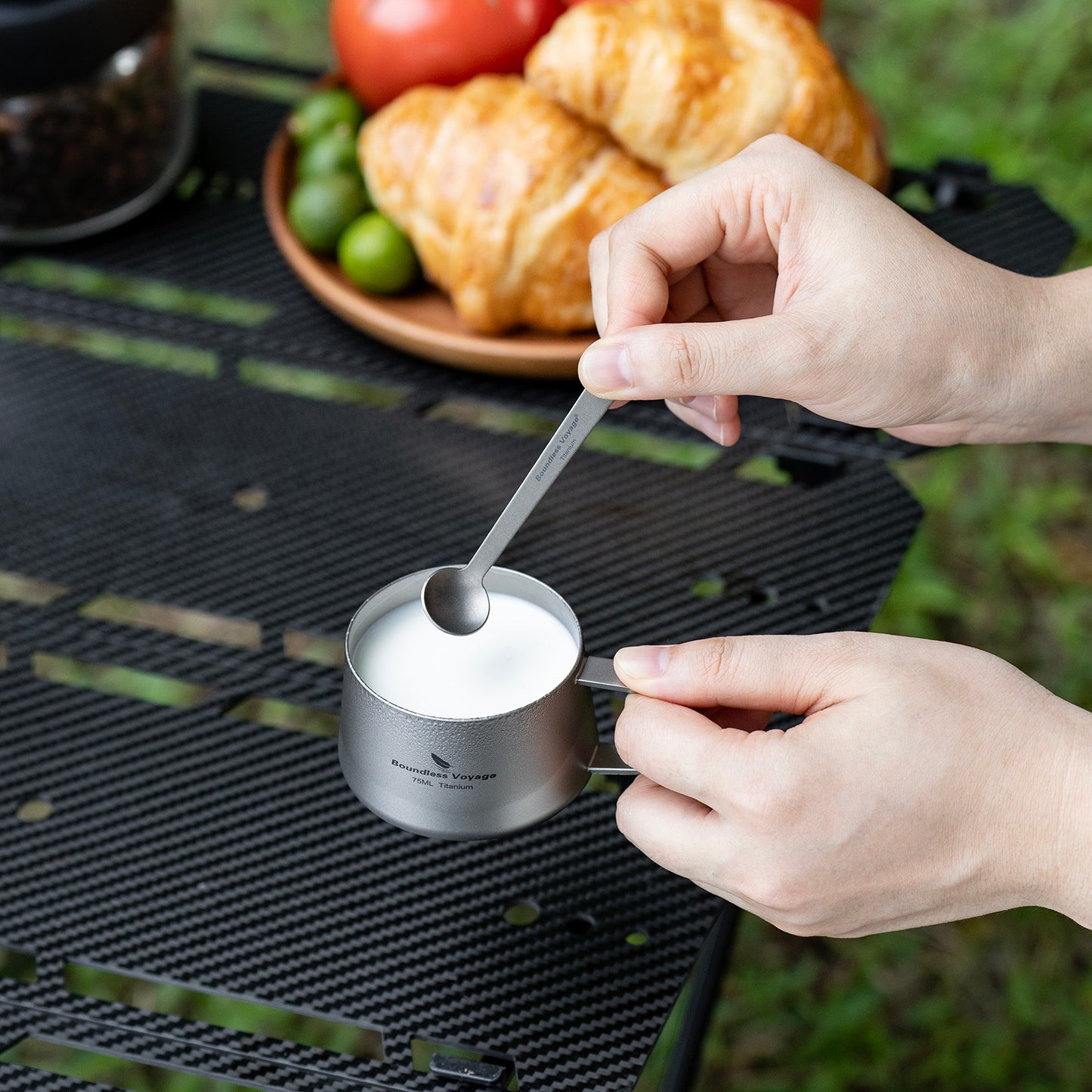 Boundless Voyage Titanium Double Wall Coffee Cup 75ml with Stirring Spoon Mini Tea Mug Espresso Cup Outdoor Camping Travel Ultralight Durable Portable Drinkware Ti3088A+Ti1040T