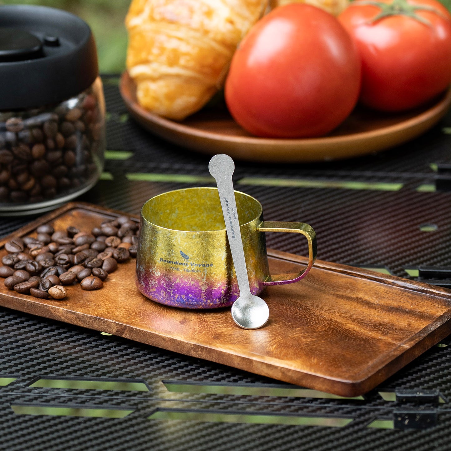 Boundless Voyage Titanium Double Wall Coffee Cup 75ml with Stirring Spoon Mini Tea Mug Espresso Cup Outdoor Camping Travel Ultralight Durable Portable Drinkware Ti3088A+Ti1040T