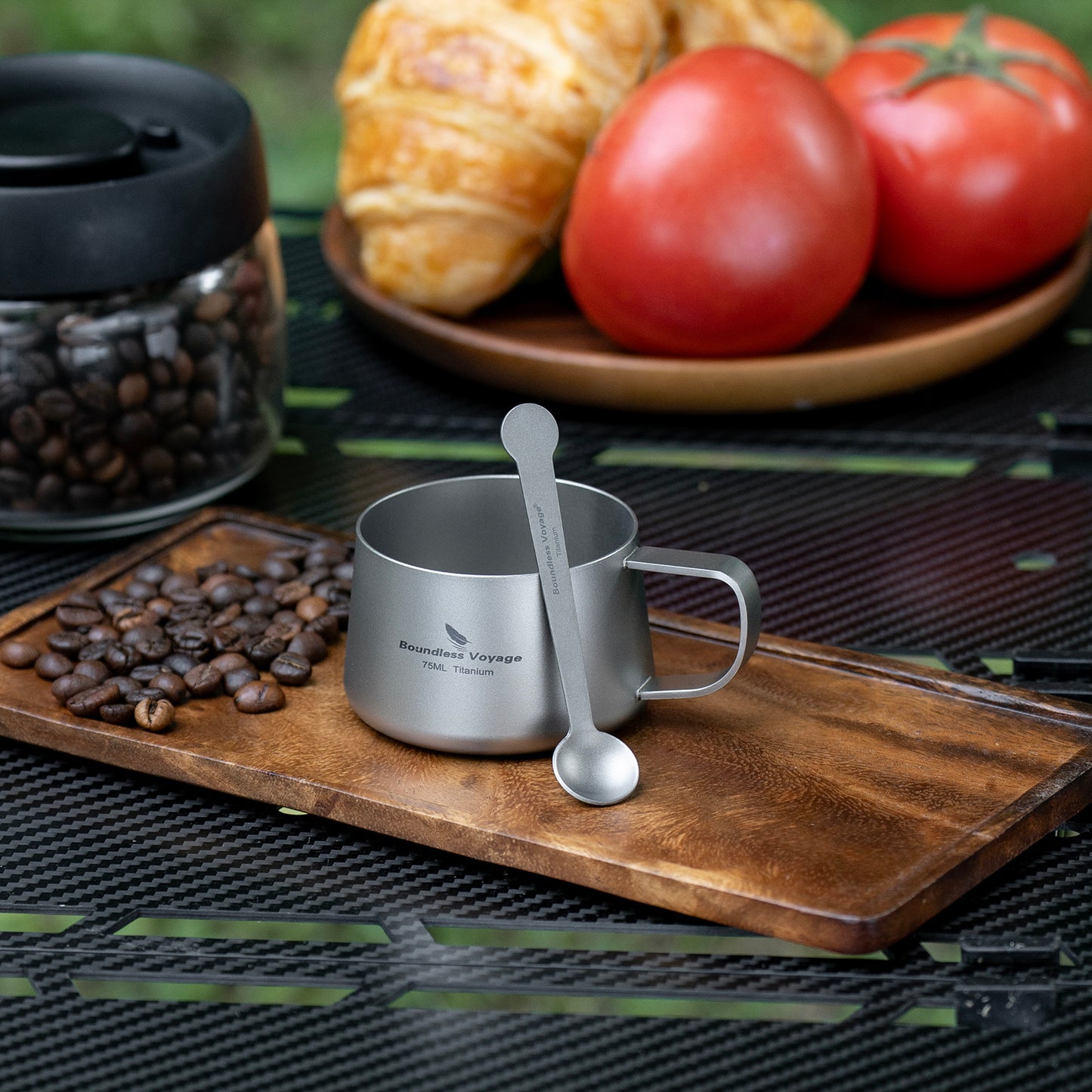 Boundless Voyage Titanium Double Wall Coffee Cup 75ml with Stirring Spoon Mini Tea Mug Espresso Cup Outdoor Camping Travel Ultralight Durable Portable Drinkware Ti3088A+Ti1040T
