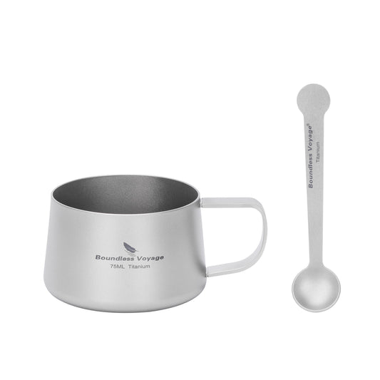 Boundless Voyage Titanium Double Wall Coffee Cup 75ml with Stirring Spoon Mini Tea Mug Espresso Cup Outdoor Camping Travel Ultralight Durable Portable Drinkware Ti3088A+Ti1040T