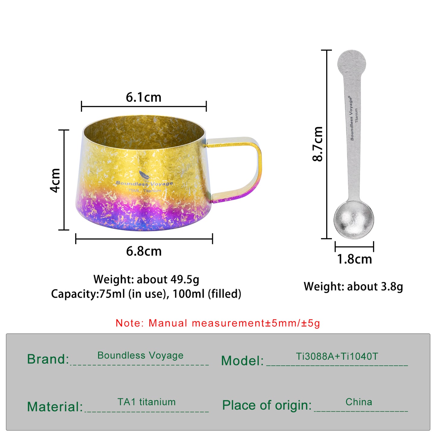 Boundless Voyage Titanium Double Wall Coffee Cup 75ml with Stirring Spoon Mini Tea Mug Espresso Cup Outdoor Camping Travel Ultralight Durable Portable Drinkware Ti3088A+Ti1040T