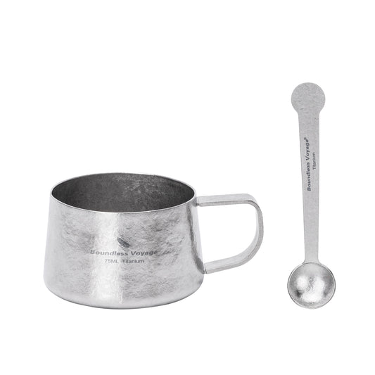 Boundless Voyage Titanium Double Wall Coffee Cup 75ml with Stirring Spoon Mini Tea Mug Espresso Cup Outdoor Camping Travel Ultralight Durable Portable Drinkware Ti3088A+Ti1040T