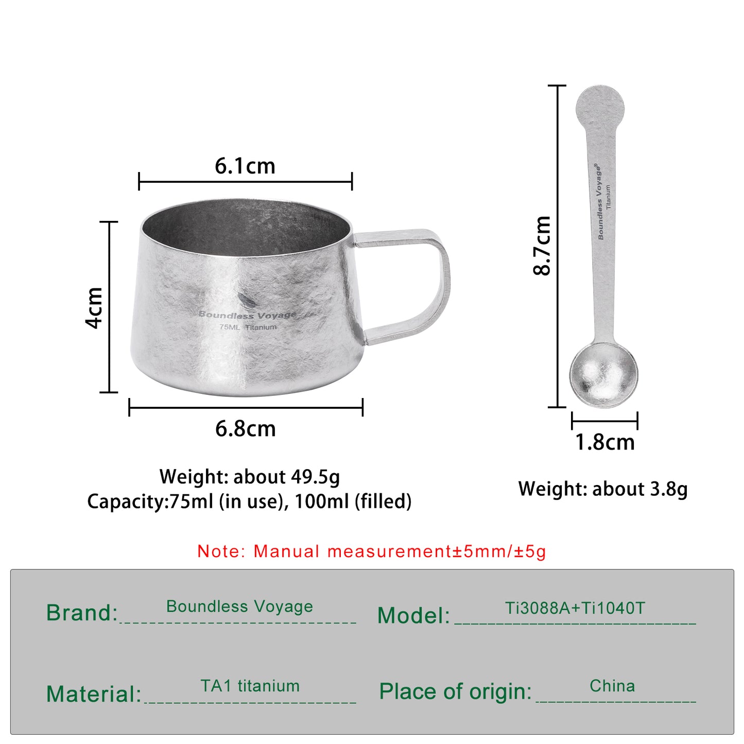 Boundless Voyage Titanium Double Wall Coffee Cup 75ml with Stirring Spoon Mini Tea Mug Espresso Cup Outdoor Camping Travel Ultralight Durable Portable Drinkware Ti3088A+Ti1040T