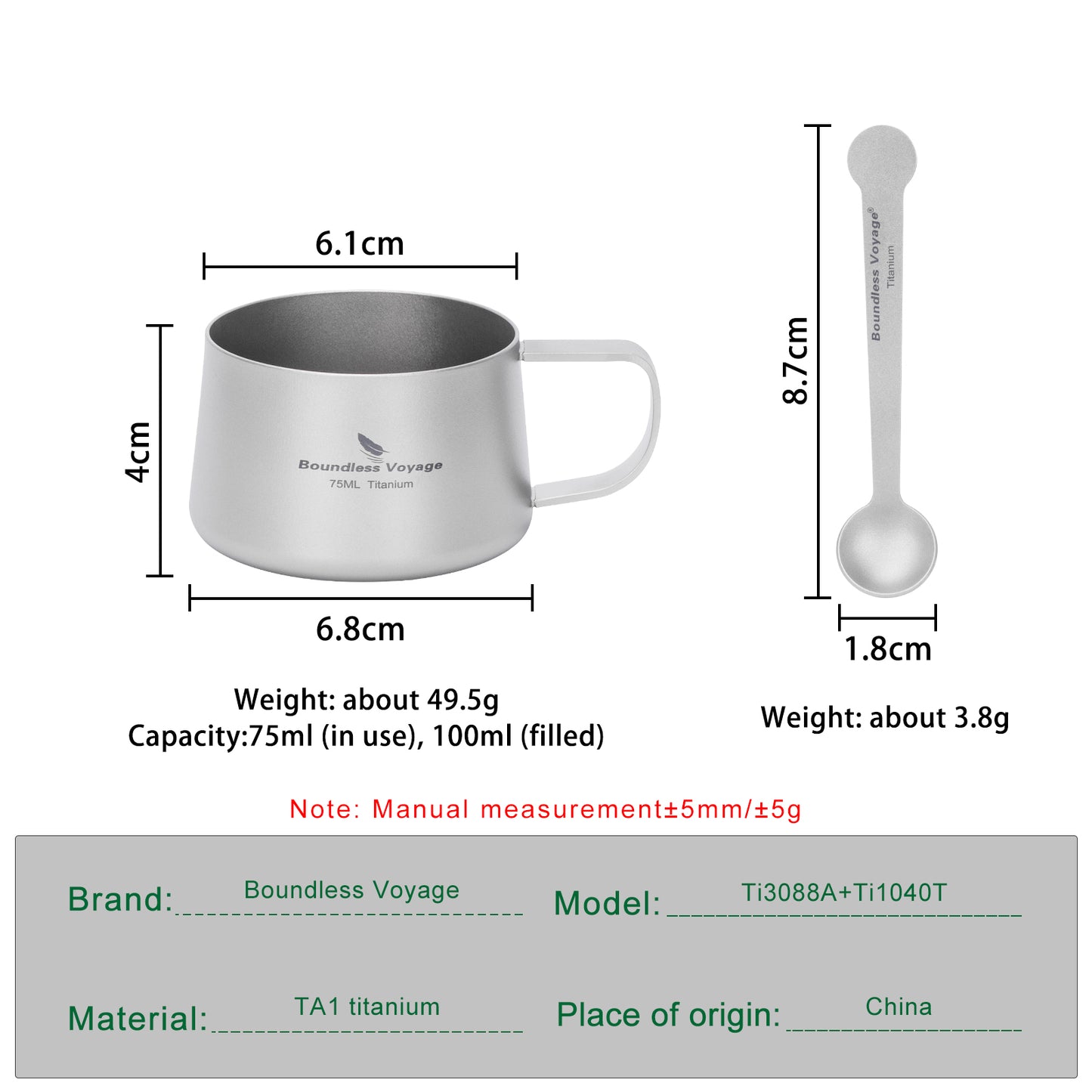 Boundless Voyage Titanium Double Wall Coffee Cup 75ml with Stirring Spoon Mini Tea Mug Espresso Cup Outdoor Camping Travel Ultralight Durable Portable Drinkware Ti3088A+Ti1040T