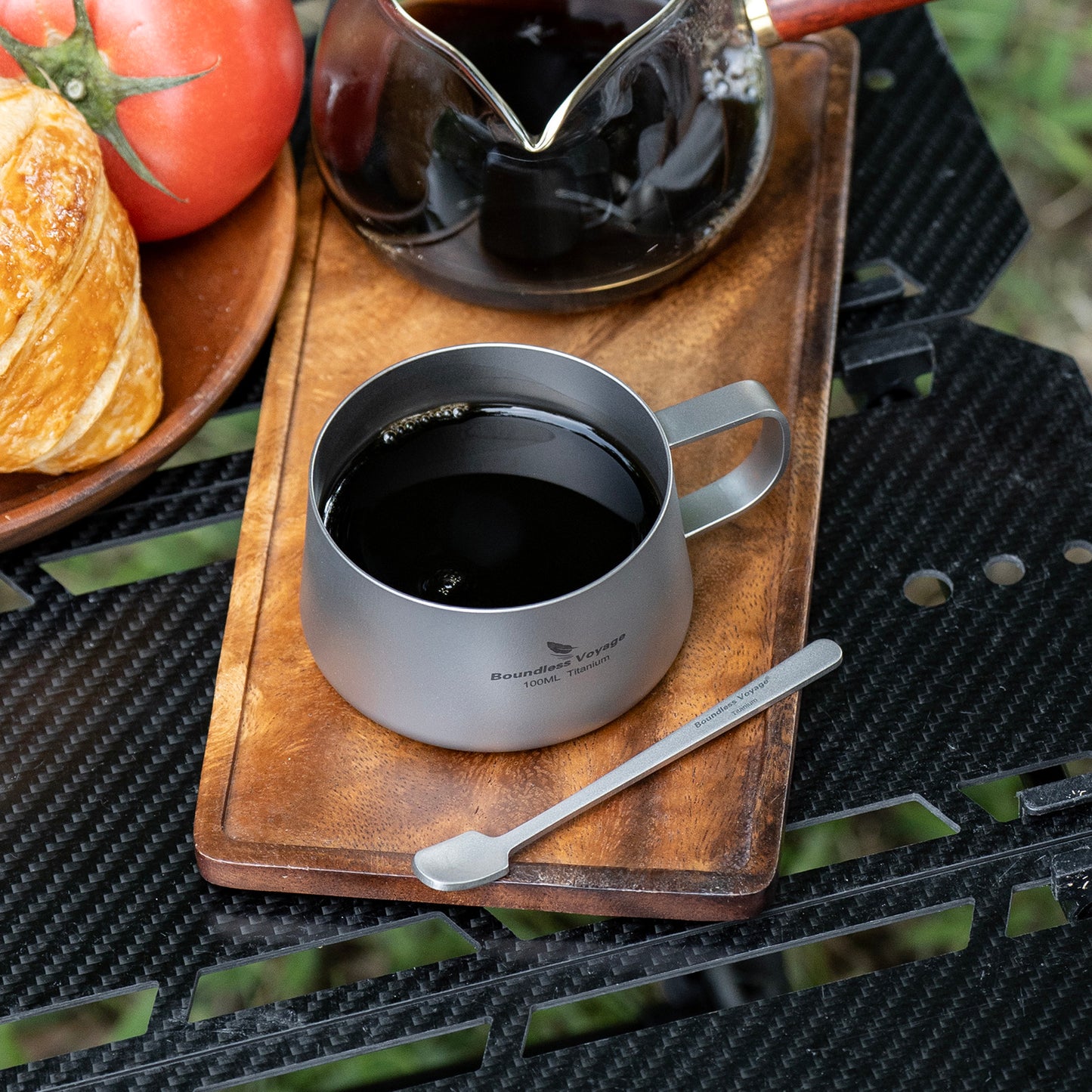 Boundless Voyage Titanium Double Wall Coffee Cup 100ml with Stirring Spoon Mini Tea Mug Espresso Cup Outdoor Camping Travel Ultralight Durable Portable Drinkware Ti3088B+Ti1133T