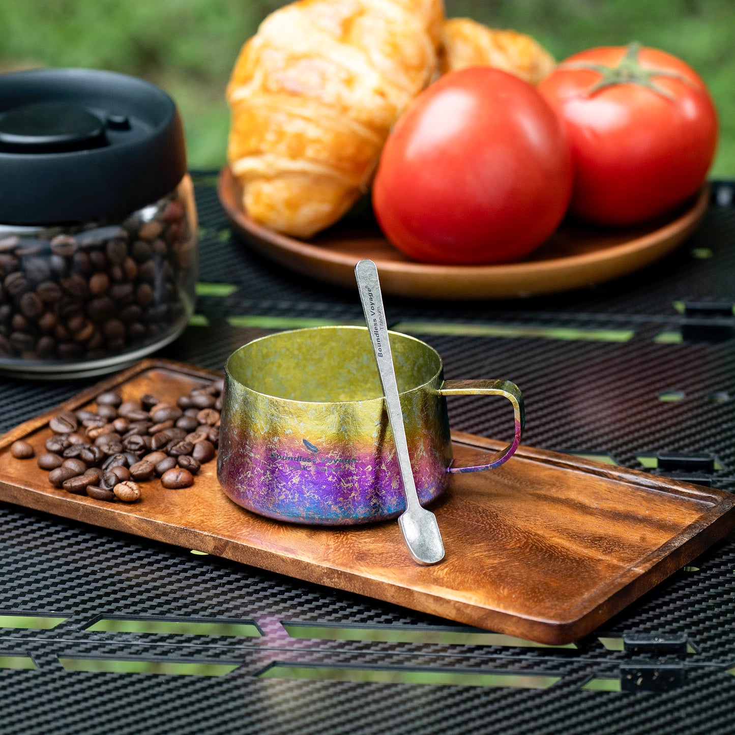 Boundless Voyage Titanium Double Wall Coffee Cup 100ml with Stirring Spoon Mini Tea Mug Espresso Cup Outdoor Camping Travel Ultralight Durable Portable Drinkware Ti3088B+Ti1133T