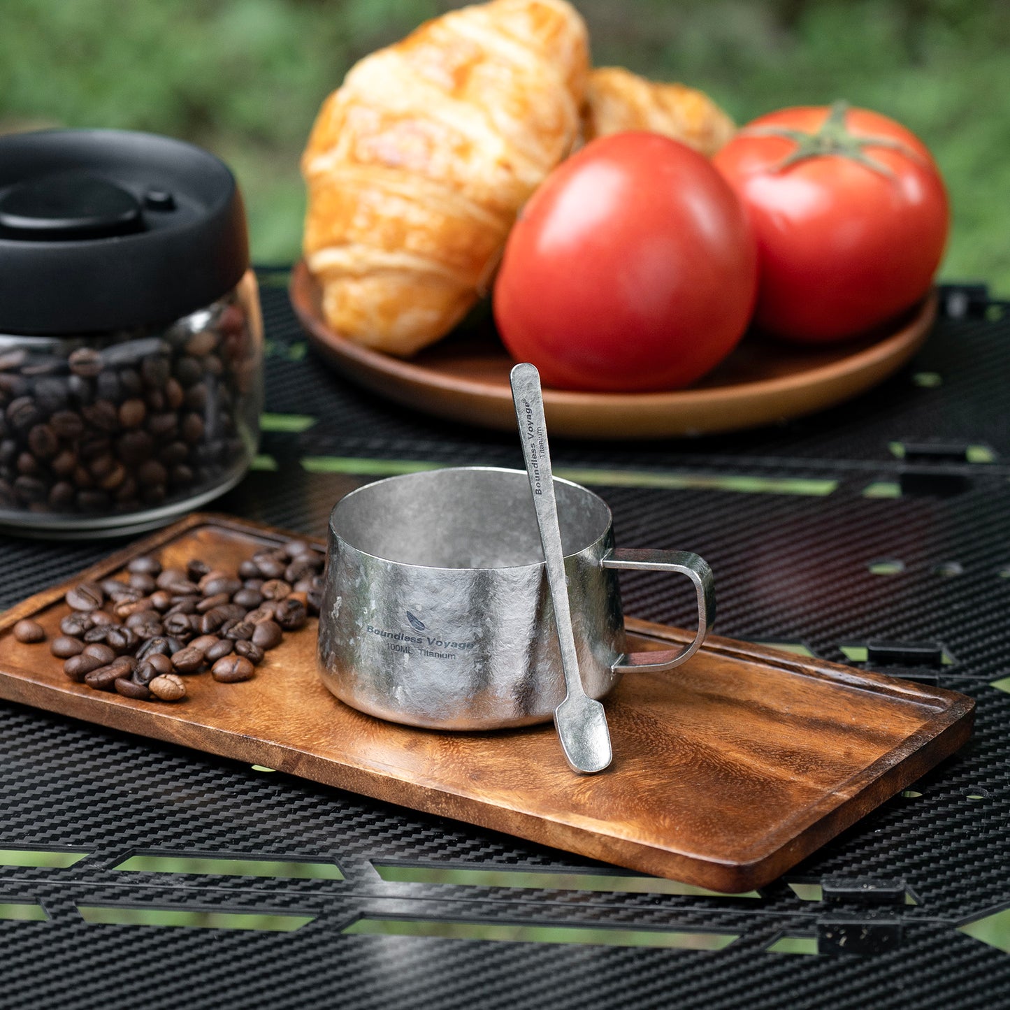 Boundless Voyage Titanium Double Wall Coffee Cup 100ml with Stirring Spoon Mini Tea Mug Espresso Cup Outdoor Camping Travel Ultralight Durable Portable Drinkware Ti3088B+Ti1133T