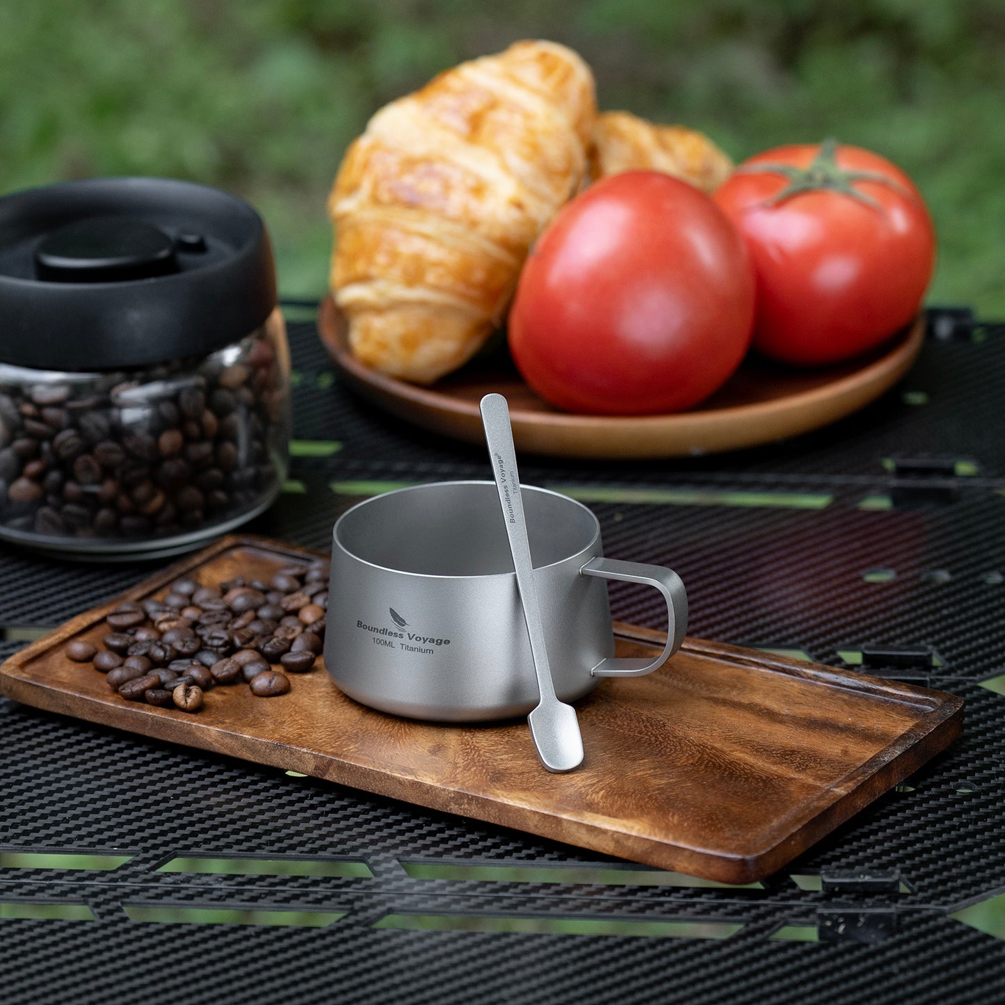 Boundless Voyage Titanium Double Wall Coffee Cup 100ml with Stirring Spoon Mini Tea Mug Espresso Cup Outdoor Camping Travel Ultralight Durable Portable Drinkware Ti3088B+Ti1133T