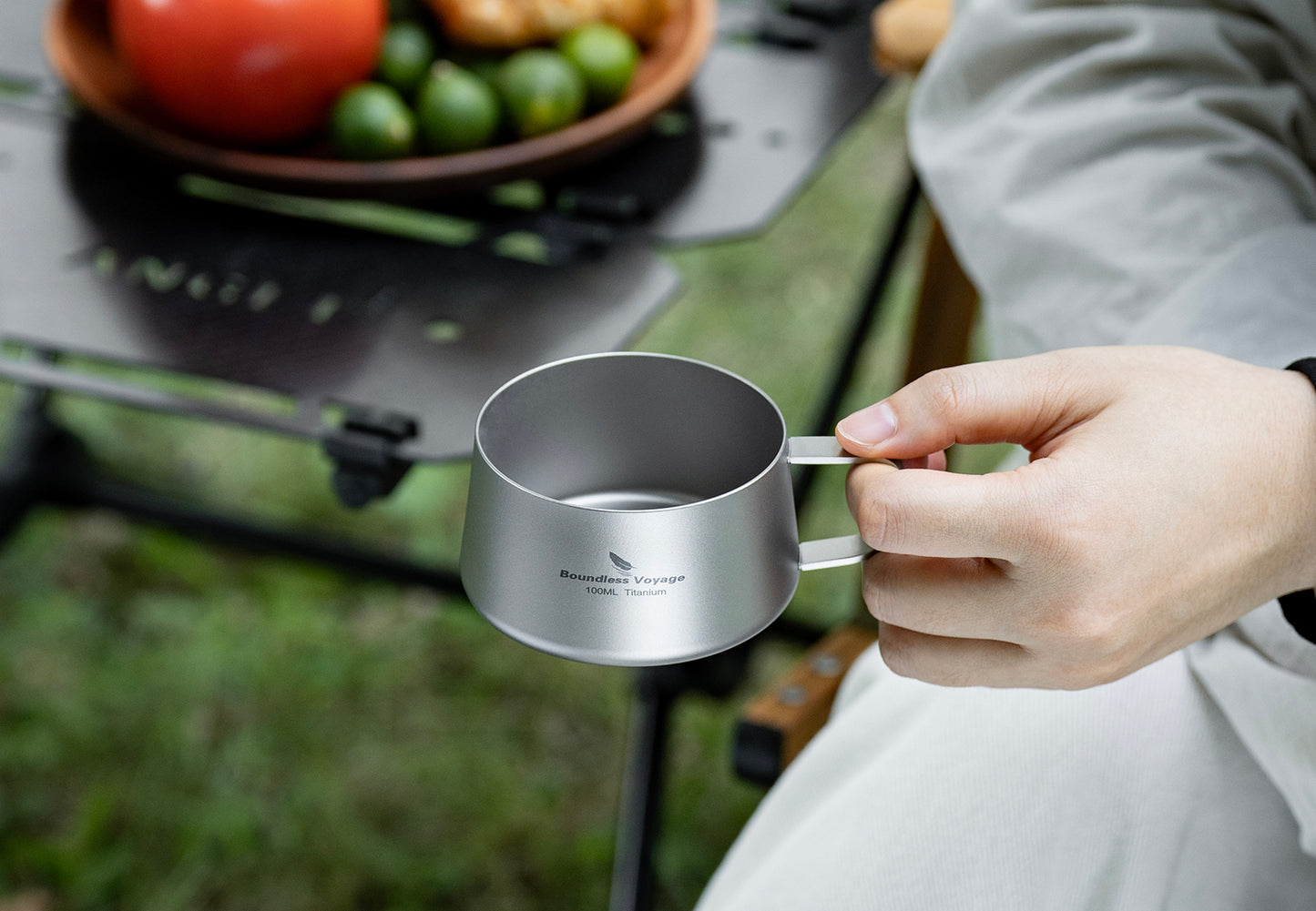Boundless Voyage Titanium Double Wall Coffee Cup 100ml with Stirring Spoon Mini Tea Mug Espresso Cup Outdoor Camping Travel Ultralight Durable Portable Drinkware Ti3088B+Ti1133T
