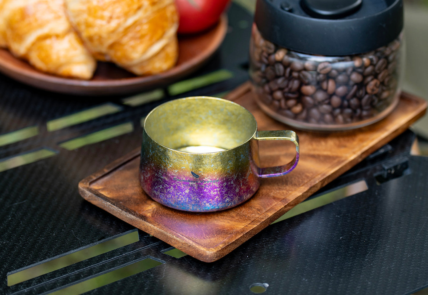 Boundless Voyage Titanium Double Wall Coffee Cup 100ml with Stirring Spoon Mini Tea Mug Espresso Cup Outdoor Camping Travel Ultralight Durable Portable Drinkware Ti3088B+Ti1133T