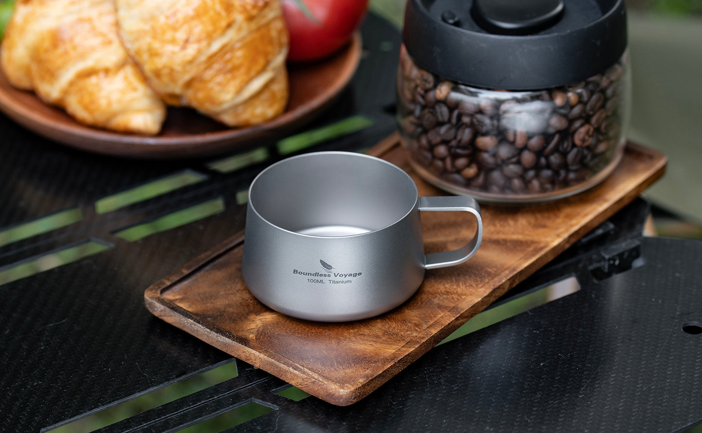 Boundless Voyage Titanium Double Wall Coffee Cup 100ml with Stirring Spoon Mini Tea Mug Espresso Cup Outdoor Camping Travel Ultralight Durable Portable Drinkware Ti3088B+Ti1133T