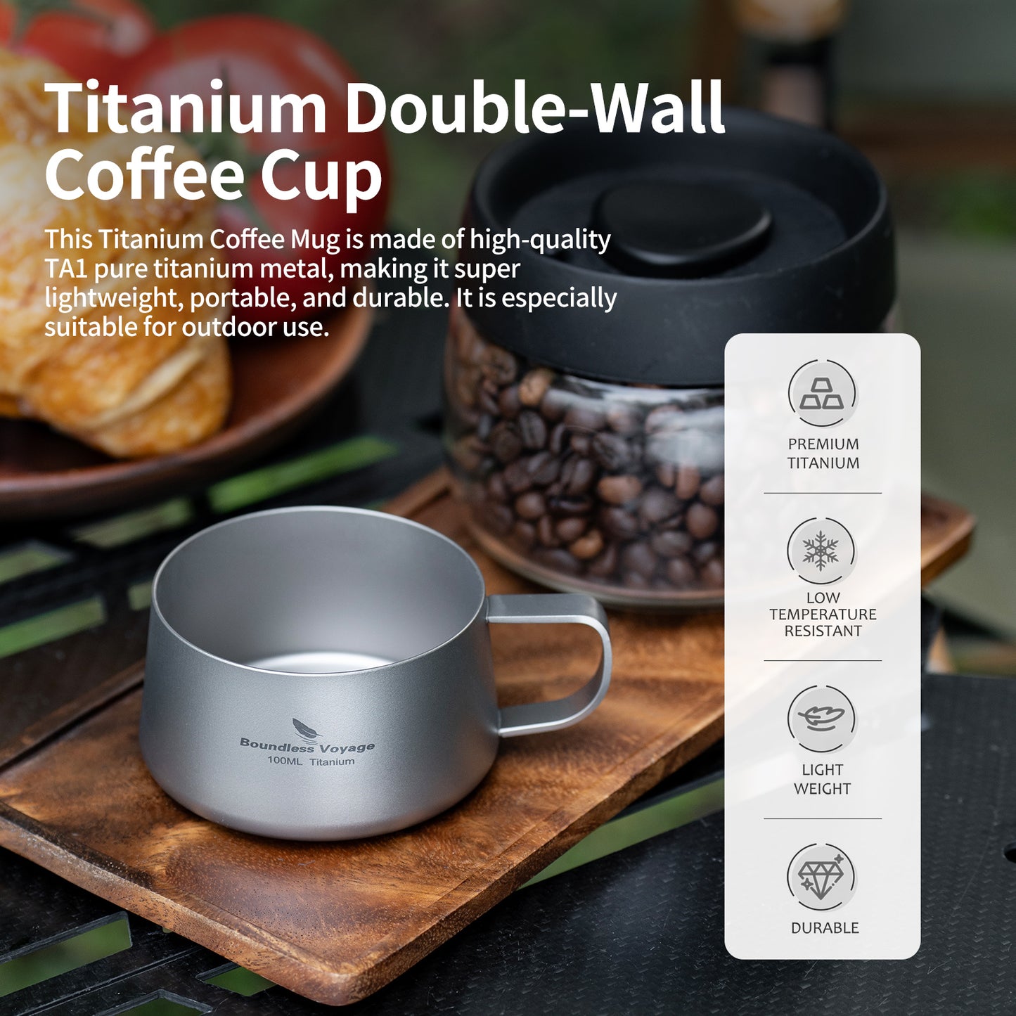 Boundless Voyage Titanium Double Wall Coffee Cup 100ml with Stirring Spoon Mini Tea Mug Espresso Cup Outdoor Camping Travel Ultralight Durable Portable Drinkware Ti3088B+Ti1133T