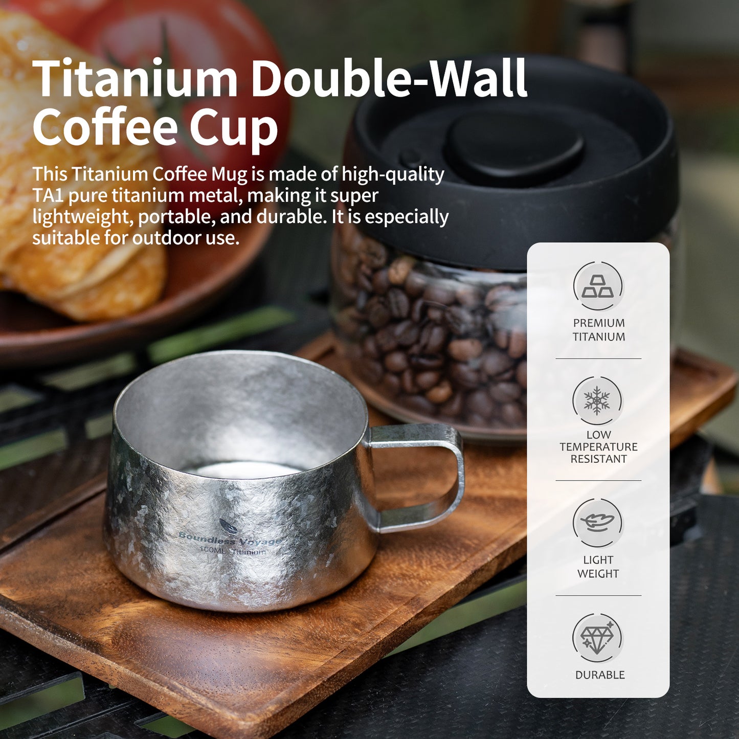 Boundless Voyage Titanium Double Wall Coffee Cup 100ml with Stirring Spoon Mini Tea Mug Espresso Cup Outdoor Camping Travel Ultralight Durable Portable Drinkware Ti3088B+Ti1133T