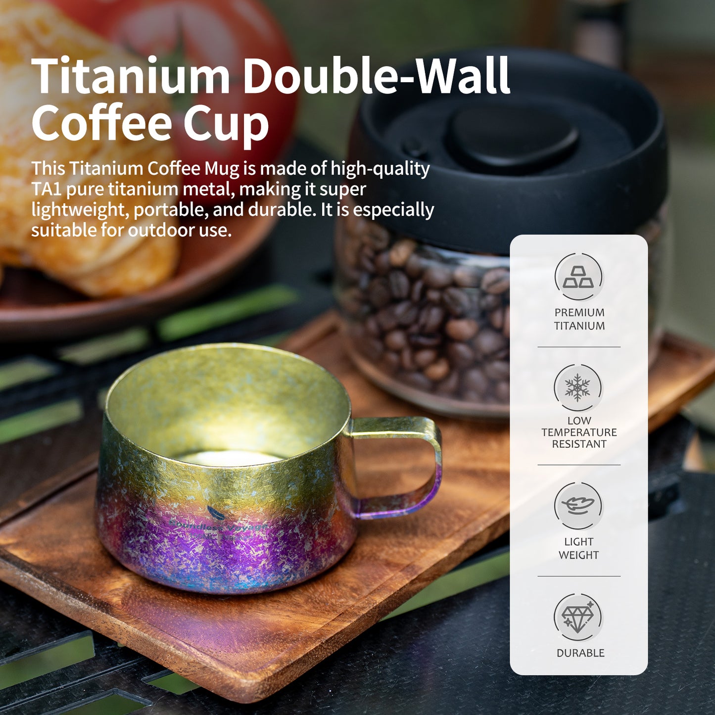 Boundless Voyage Titanium Double Wall Coffee Cup 100ml with Stirring Spoon Mini Tea Mug Espresso Cup Outdoor Camping Travel Ultralight Durable Portable Drinkware Ti3088B+Ti1133T