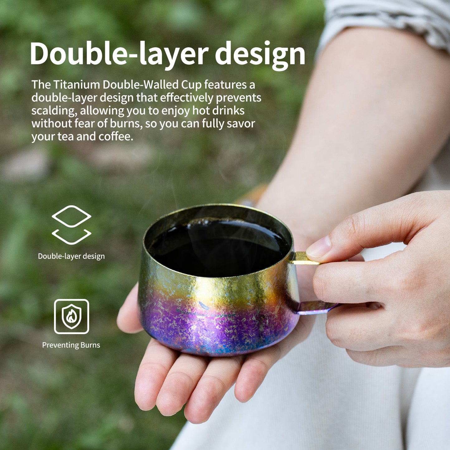 Boundless Voyage Titanium Double Wall Coffee Cup 100ml with Stirring Spoon Mini Tea Mug Espresso Cup Outdoor Camping Travel Ultralight Durable Portable Drinkware Ti3088B+Ti1133T