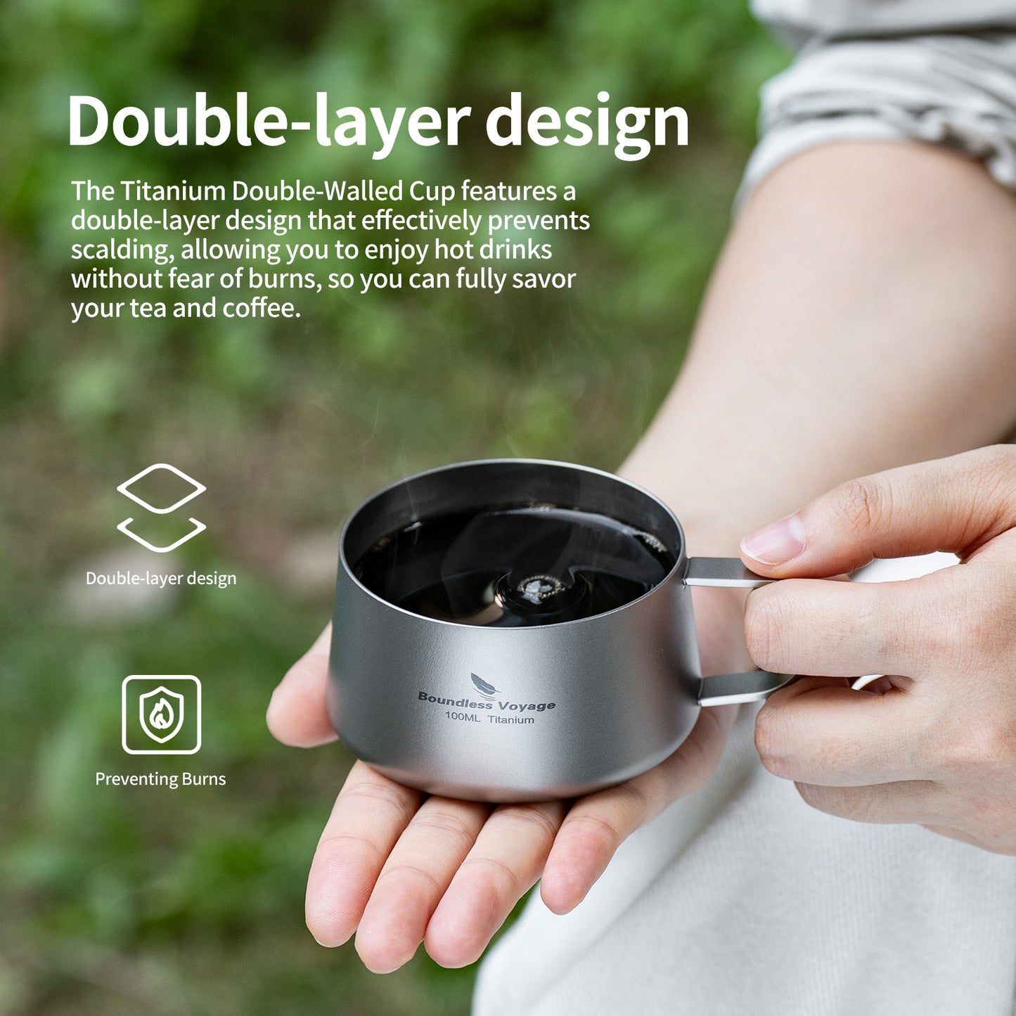 Boundless Voyage Titanium Double Wall Coffee Cup 100ml with Stirring Spoon Mini Tea Mug Espresso Cup Outdoor Camping Travel Ultralight Durable Portable Drinkware Ti3088B+Ti1133T
