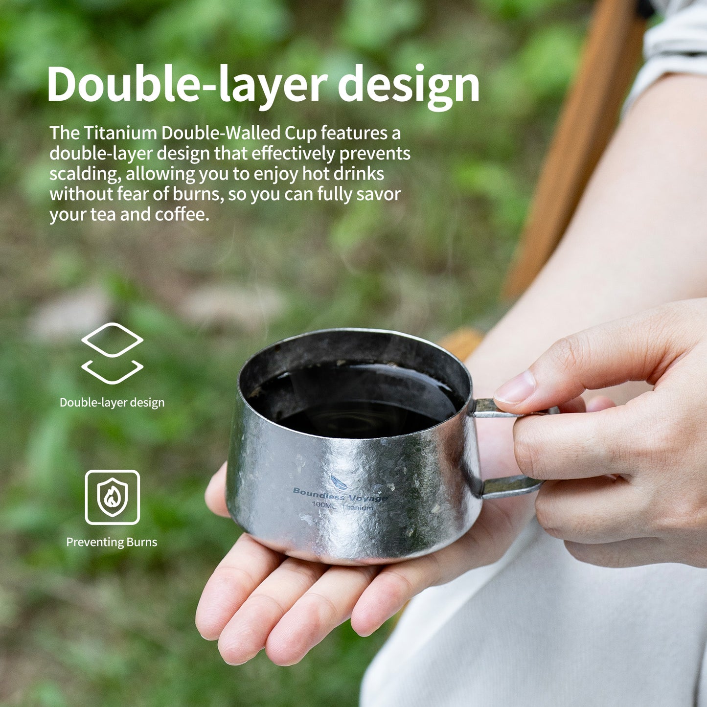Boundless Voyage Titanium Double Wall Coffee Cup 100ml with Stirring Spoon Mini Tea Mug Espresso Cup Outdoor Camping Travel Ultralight Durable Portable Drinkware Ti3088B+Ti1133T